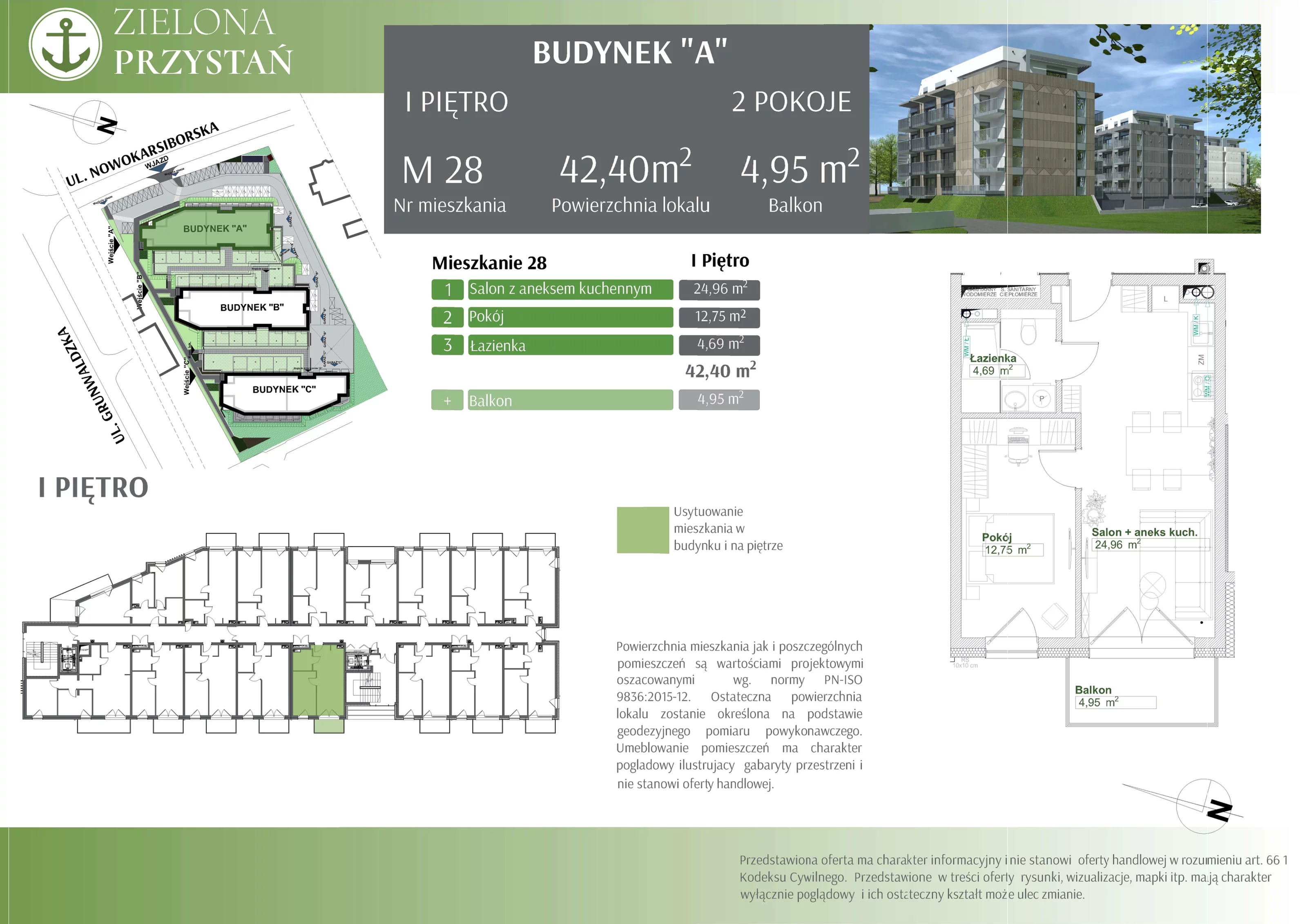 2 pokoje, mieszkanie 42,40 m², piętro 1, oferta nr 28, Zielona Przystań, Świnoujście, Osiedle Zachodnie, ul. Nowokarsiborska 3