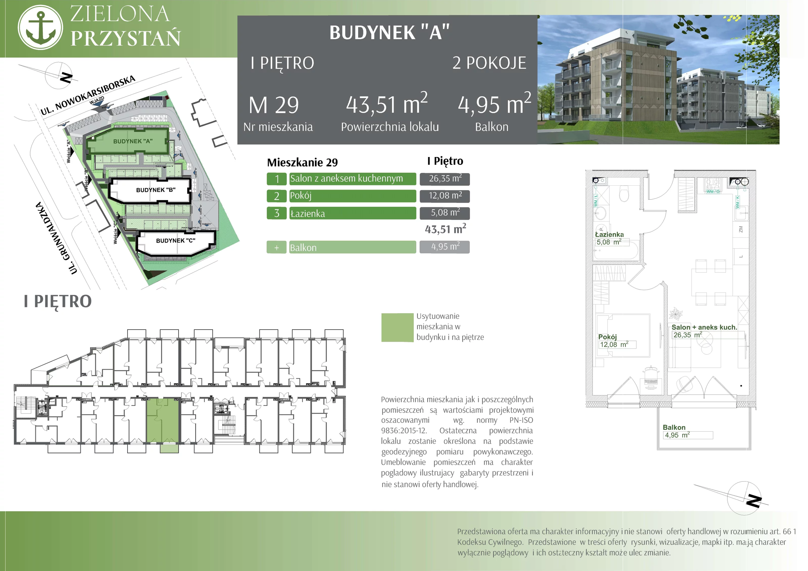 2 pokoje, mieszkanie 43,51 m², piętro 1, oferta nr 29, Zielona Przystań, Świnoujście, Osiedle Zachodnie, ul. Nowokarsiborska 3