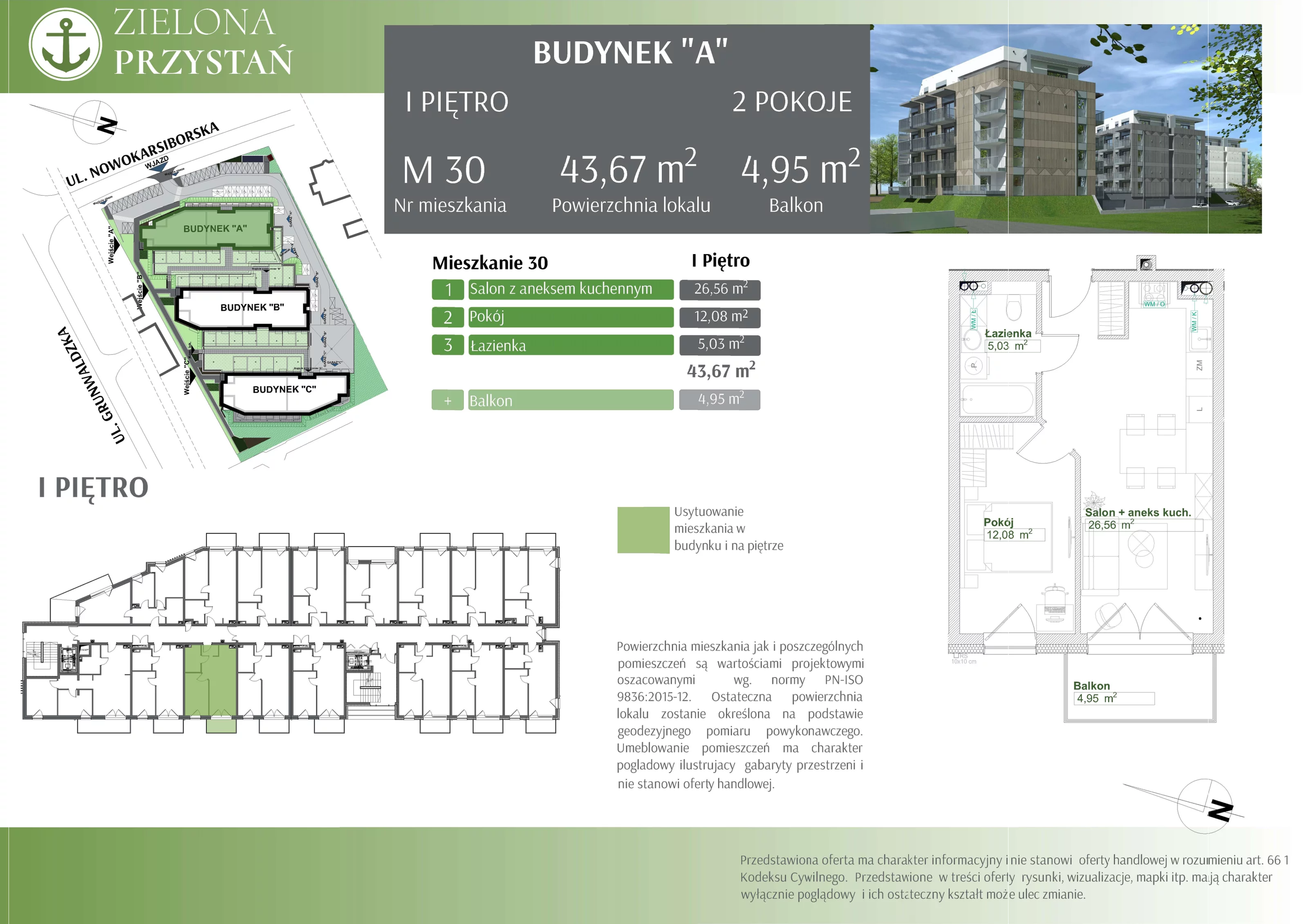 2 pokoje, mieszkanie 43,67 m², piętro 1, oferta nr 30, Zielona Przystań, Świnoujście, Osiedle Zachodnie, ul. Nowokarsiborska 3