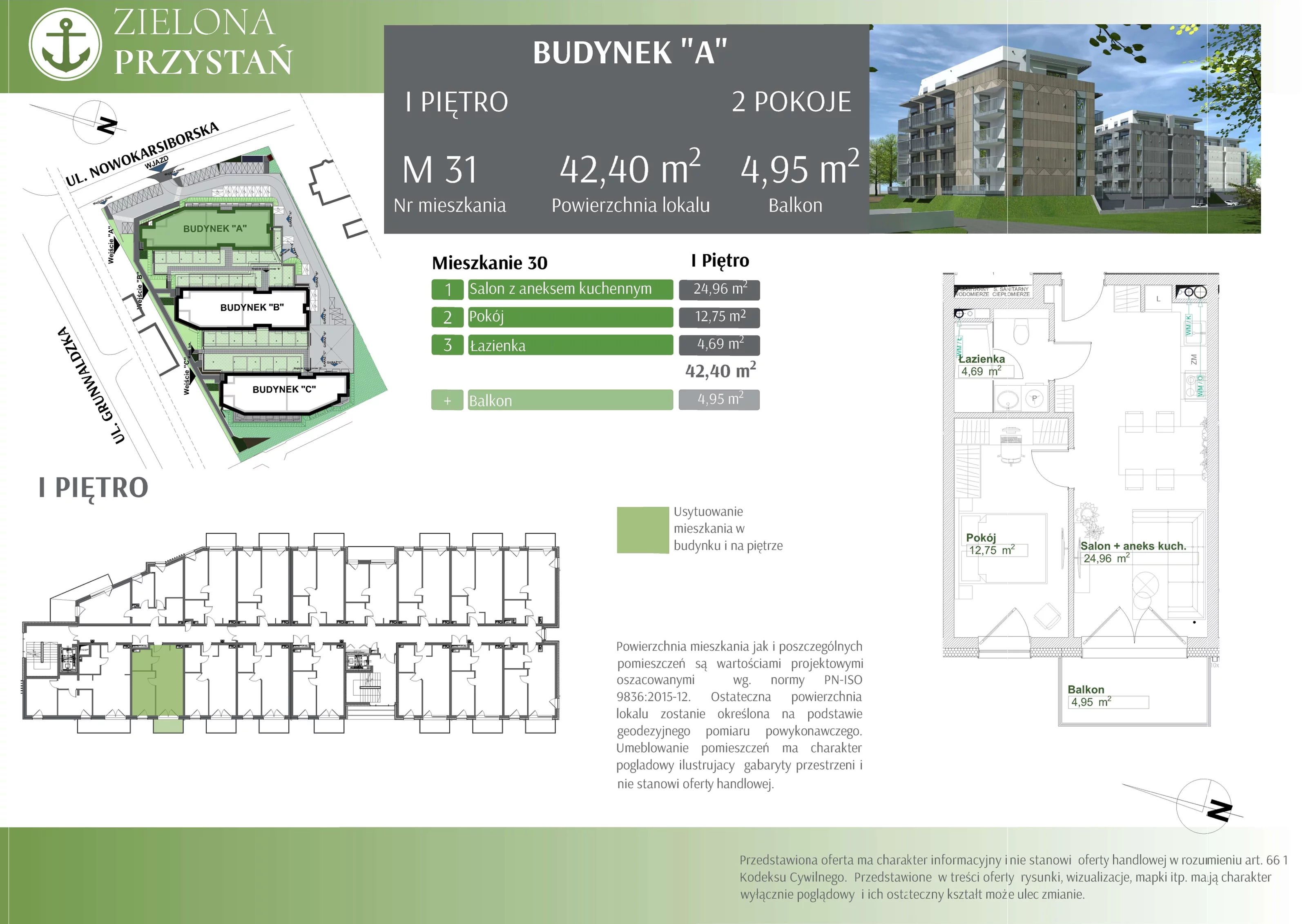 2 pokoje, mieszkanie 42,40 m², piętro 1, oferta nr 31, Zielona Przystań, Świnoujście, Osiedle Zachodnie, ul. Nowokarsiborska 3