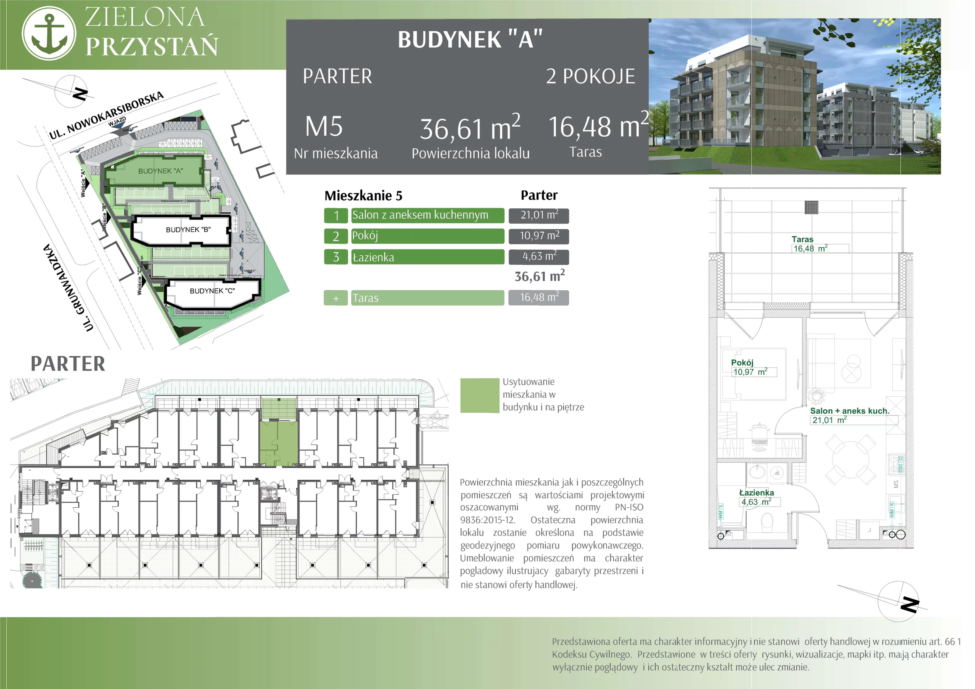 2 pokoje, mieszkanie 36,61 m², parter, oferta nr 5, Zielona Przystań, Świnoujście, Osiedle Zachodnie, ul. Nowokarsiborska 3