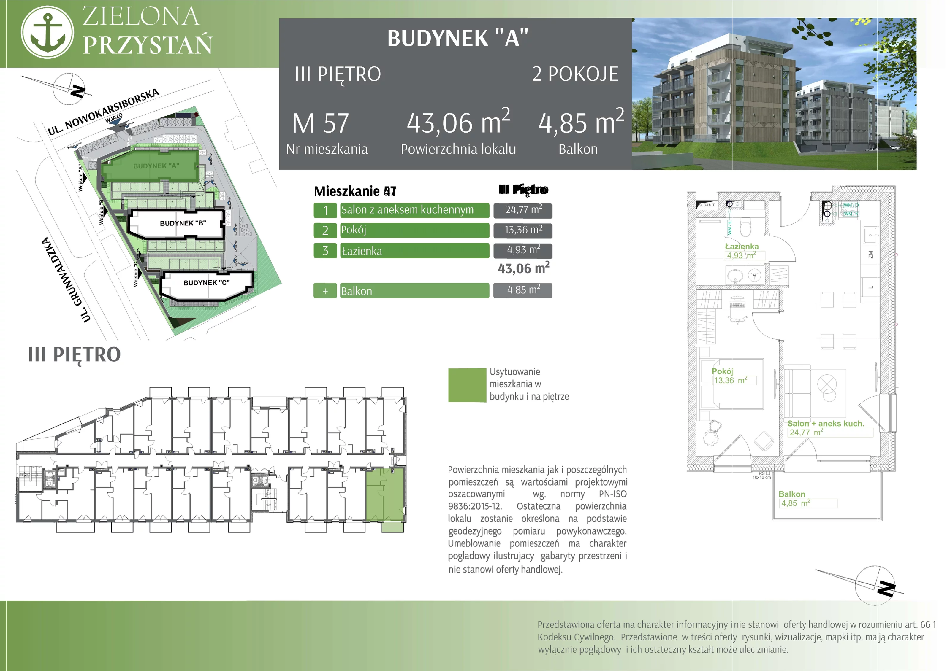 2 pokoje, mieszkanie 43,06 m², piętro 3, oferta nr 57, Zielona Przystań, Świnoujście, Osiedle Zachodnie, ul. Nowokarsiborska 3