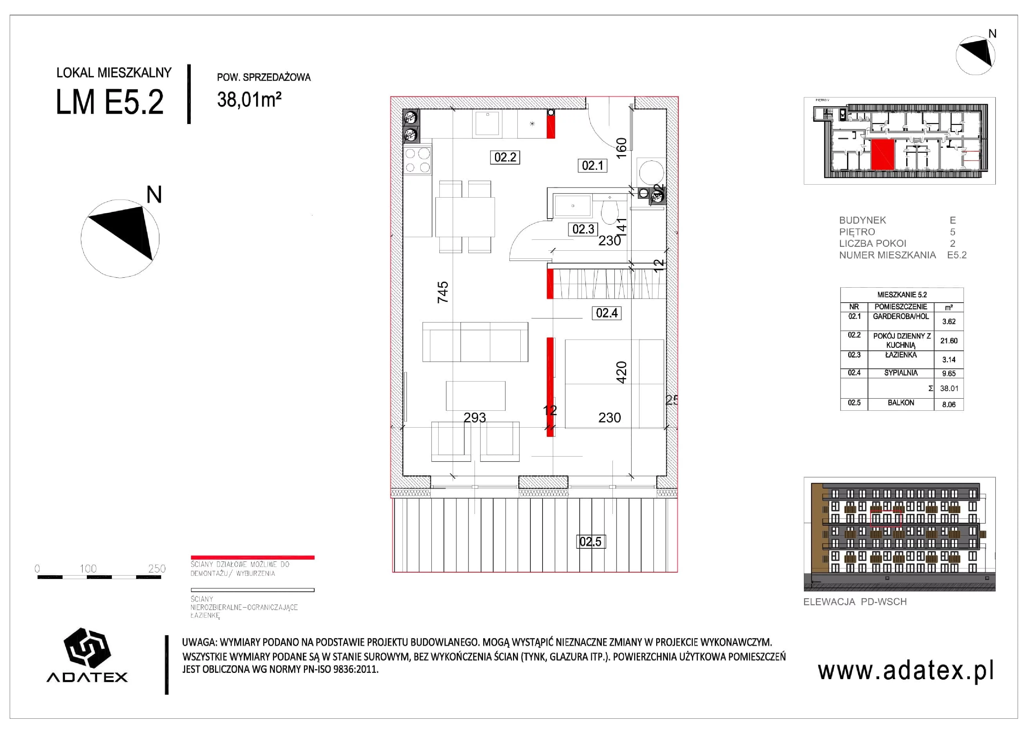 2 pokoje, mieszkanie 38,01 m², piętro 5, oferta nr E.5.2, Osiedle Nowa Dąbrowa, Dąbrowa Górnicza, Gołonóg, ul. Graniczna 14