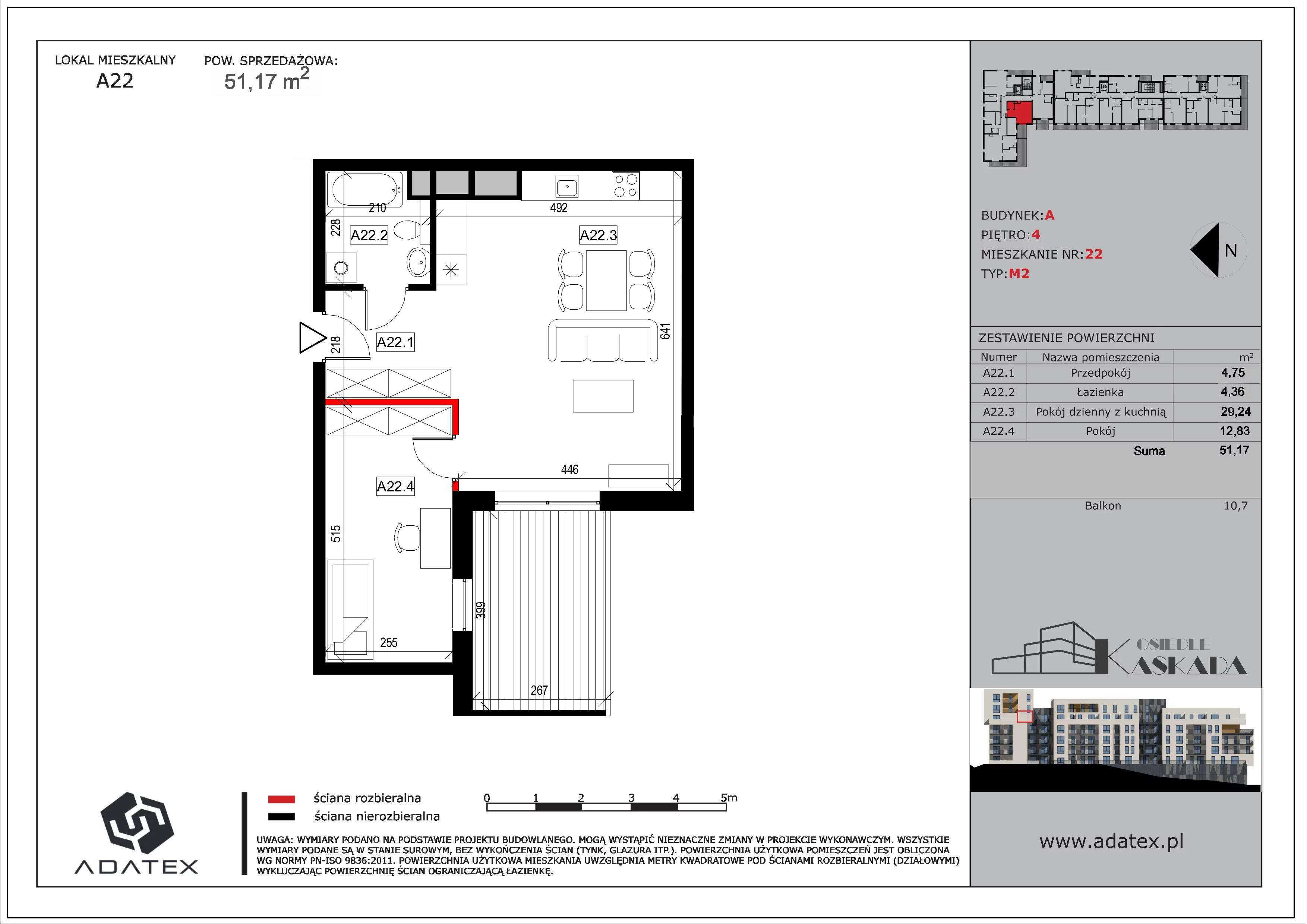 2 pokoje, mieszkanie 51,17 m², piętro 4, oferta nr A22, Osiedle Kaskada, Zabrze, Osiedle Tadeusza Kotarbińskiego, ul. Mieczysława Niedziałkowskiego 56