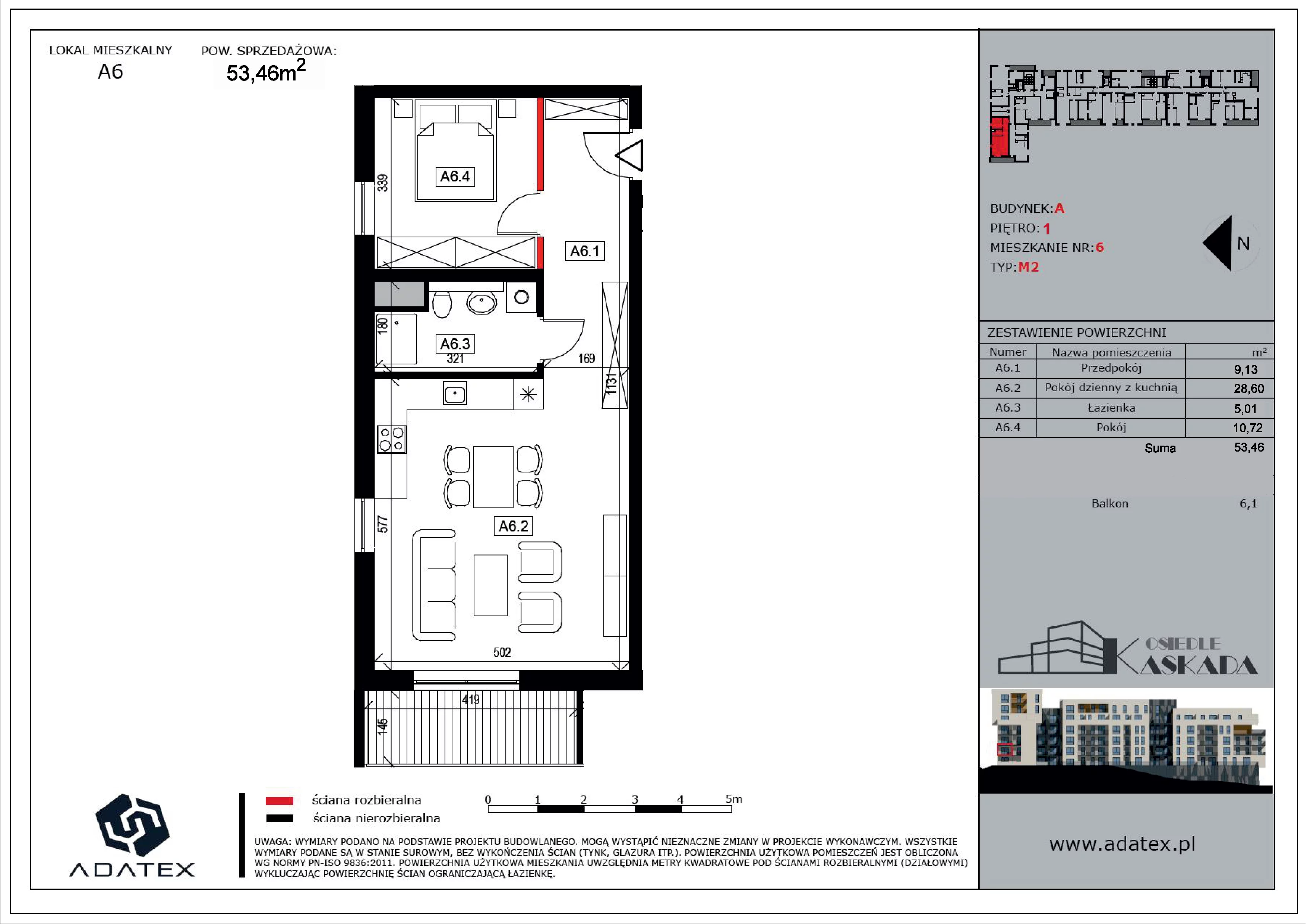 2 pokoje, mieszkanie 53,46 m², piętro 1, oferta nr A6, Osiedle Kaskada, Zabrze, Osiedle Tadeusza Kotarbińskiego, ul. Mieczysława Niedziałkowskiego 56