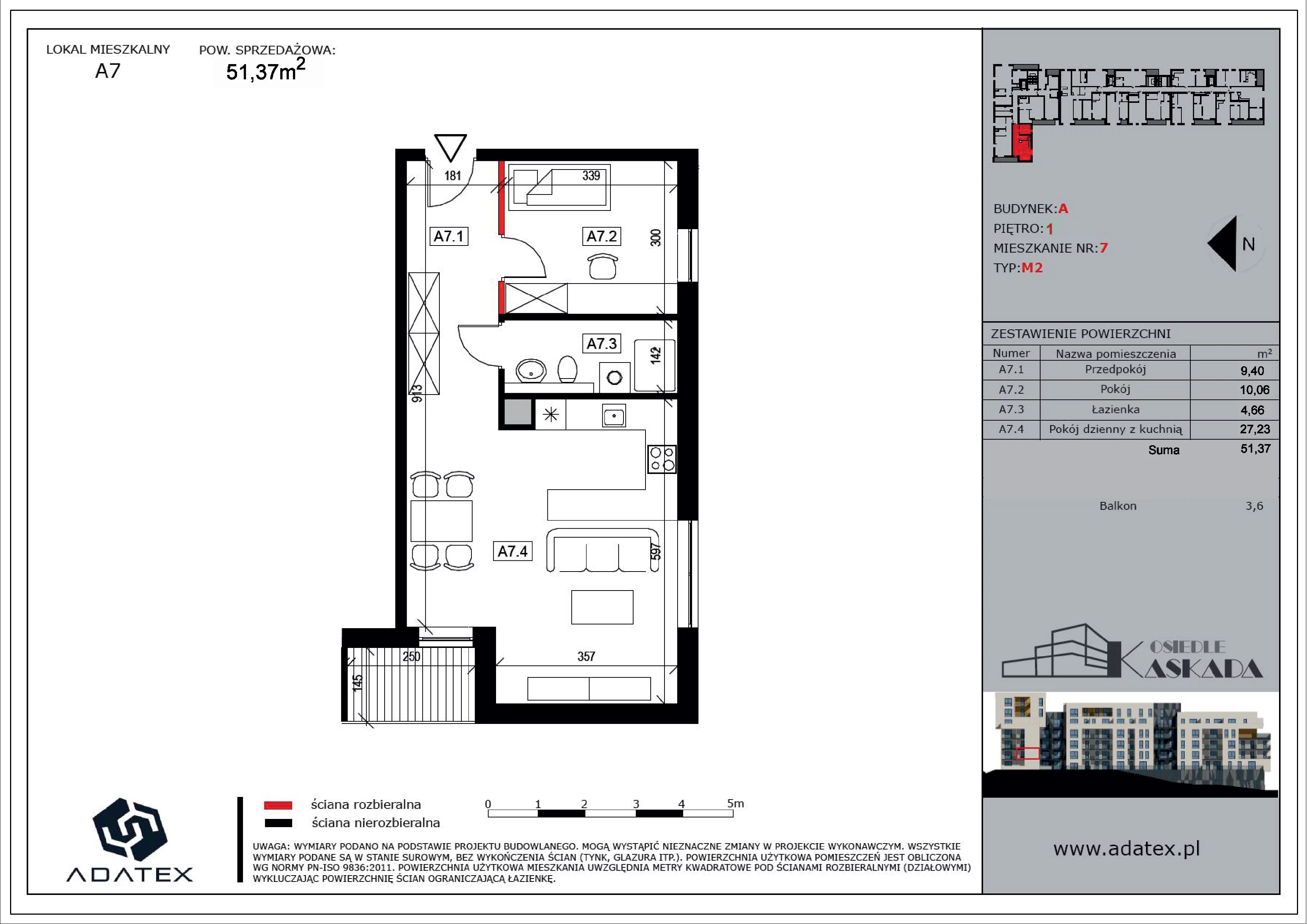 2 pokoje, mieszkanie 51,37 m², piętro 1, oferta nr A7, Osiedle Kaskada, Zabrze, Osiedle Tadeusza Kotarbińskiego, ul. Mieczysława Niedziałkowskiego 56