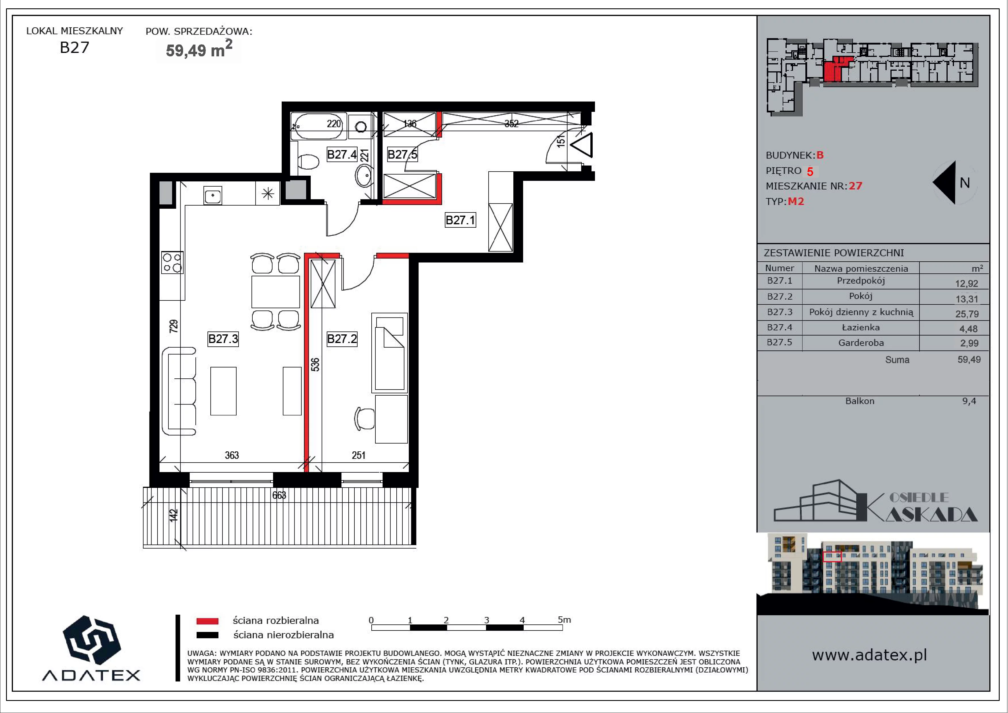 2 pokoje, mieszkanie 59,49 m², piętro 4, oferta nr B27, Osiedle Kaskada, Zabrze, Osiedle Tadeusza Kotarbińskiego, ul. Mieczysława Niedziałkowskiego 56