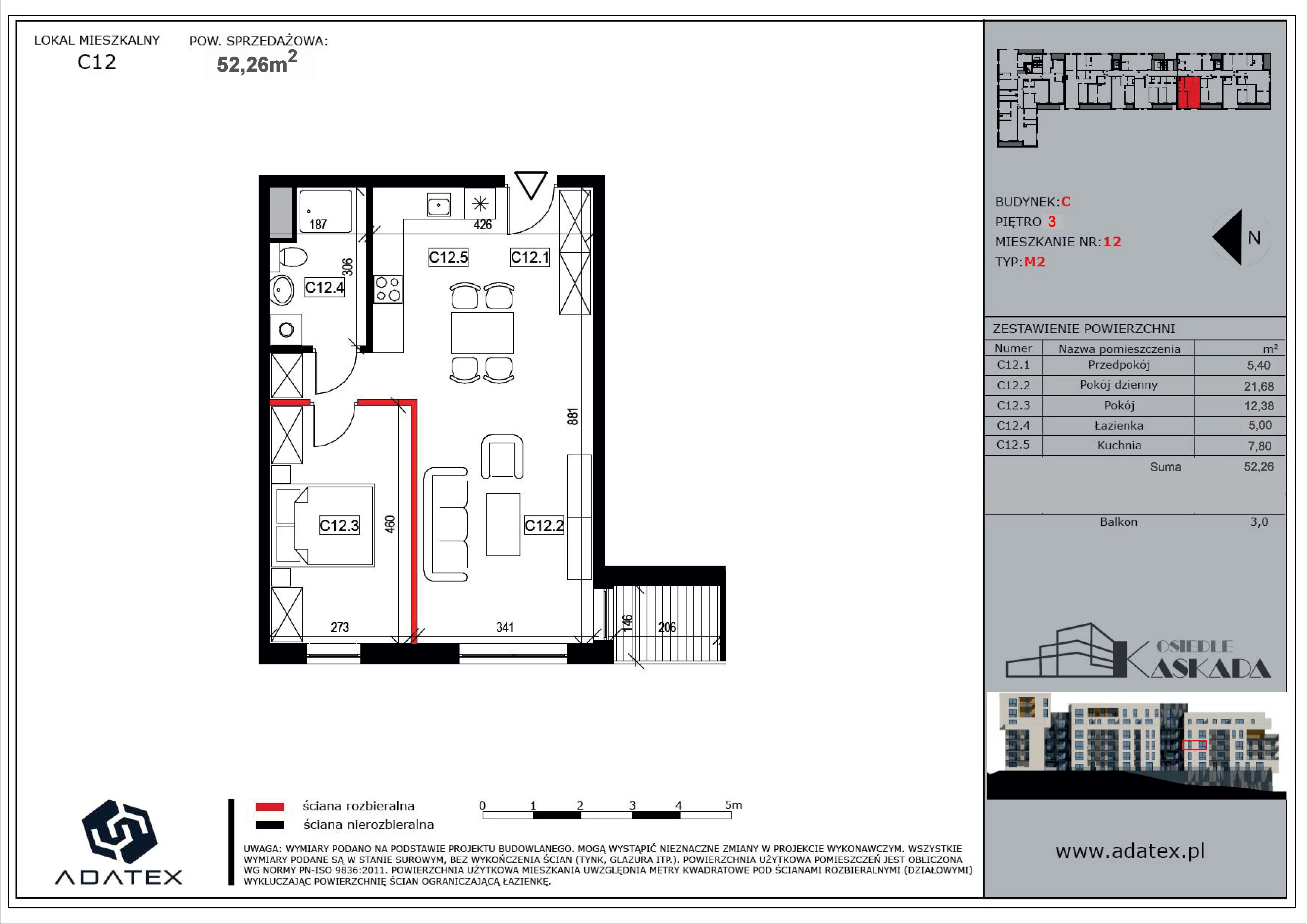 2 pokoje, mieszkanie 52,26 m², piętro 2, oferta nr C12, Osiedle Kaskada, Zabrze, Osiedle Tadeusza Kotarbińskiego, ul. Mieczysława Niedziałkowskiego 56