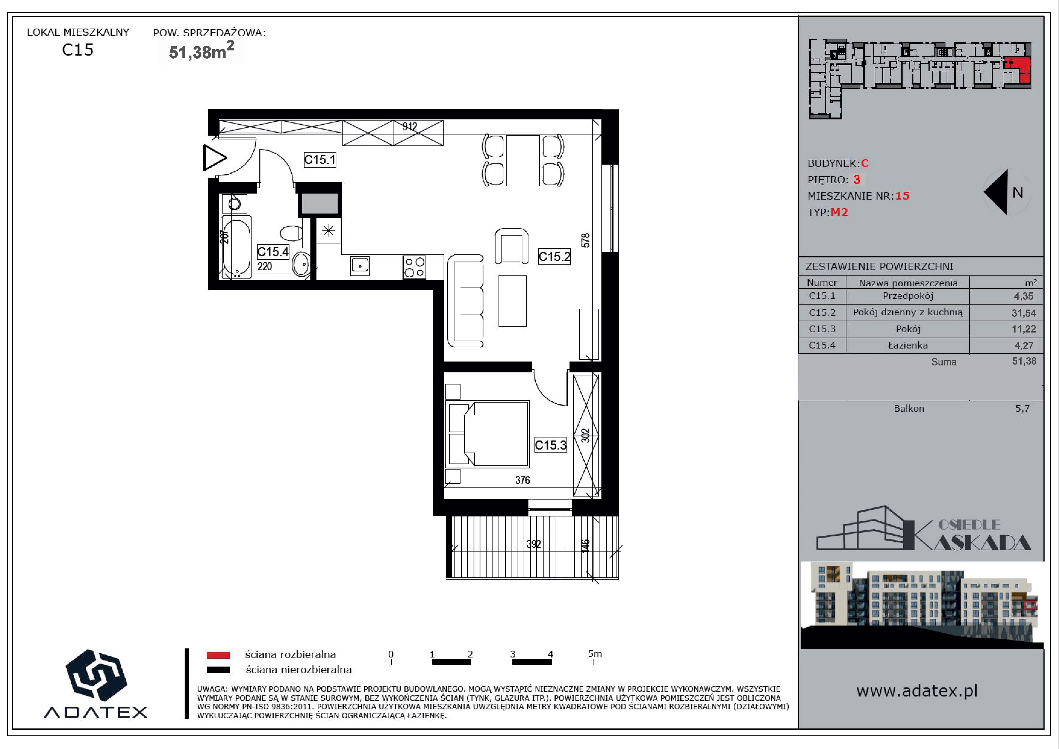 2 pokoje, mieszkanie 51,38 m², piętro 2, oferta nr C15, Osiedle Kaskada, Zabrze, Osiedle Tadeusza Kotarbińskiego, ul. Mieczysława Niedziałkowskiego 56