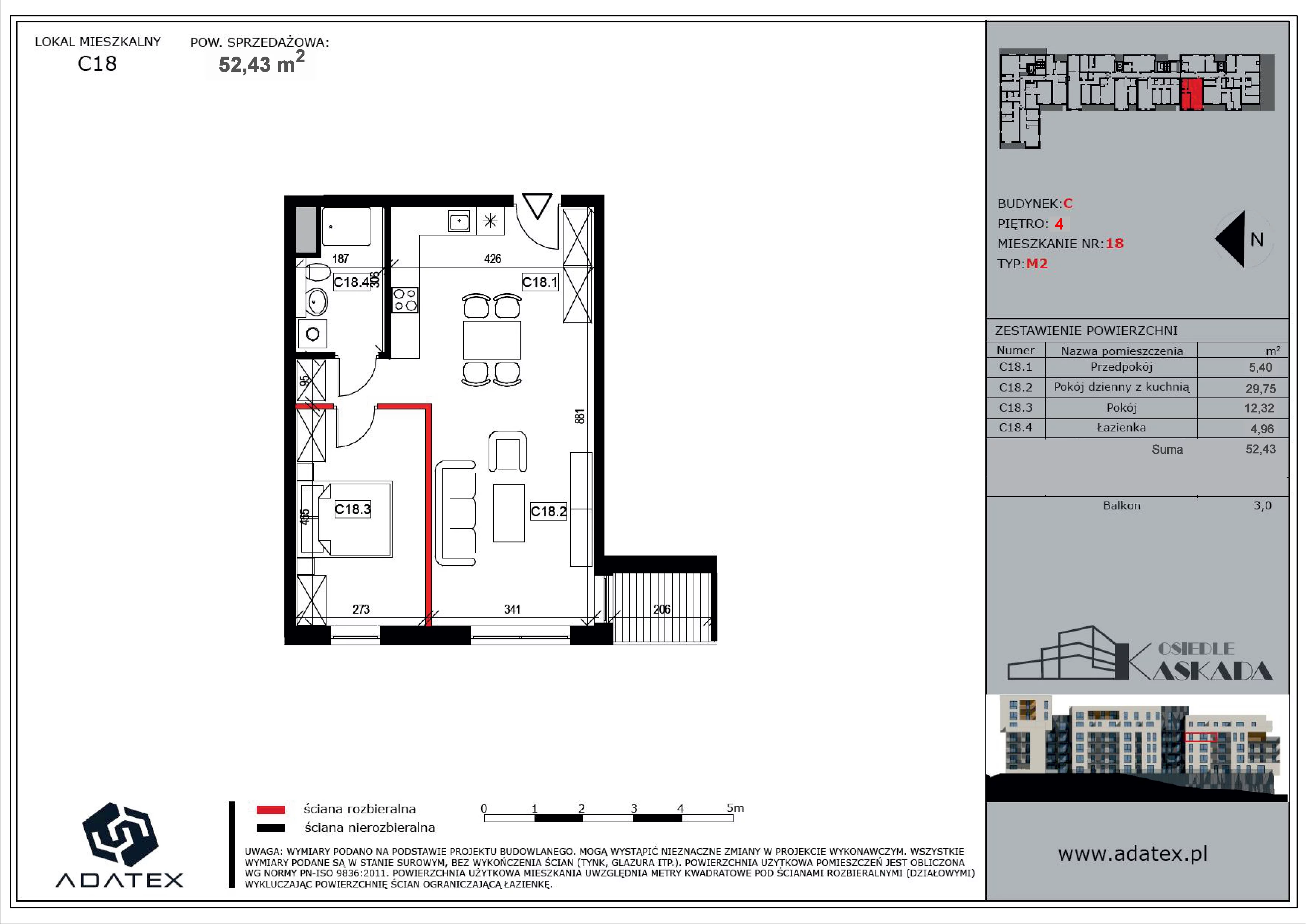 2 pokoje, mieszkanie 52,43 m², piętro 3, oferta nr C18, Osiedle Kaskada, Zabrze, Osiedle Tadeusza Kotarbińskiego, ul. Mieczysława Niedziałkowskiego 56