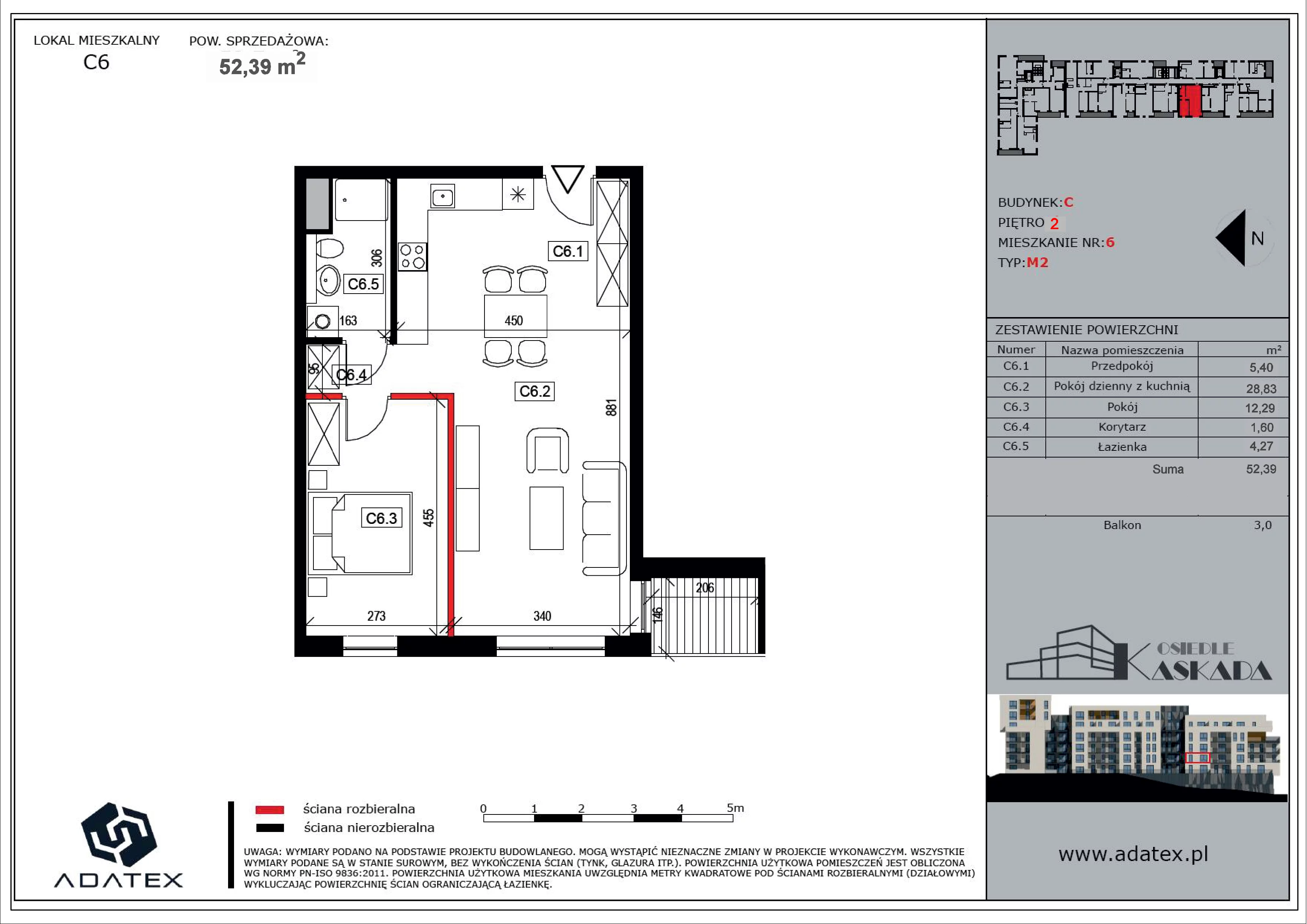 2 pokoje, mieszkanie 52,39 m², piętro 1, oferta nr C6, Osiedle Kaskada, Zabrze, Osiedle Tadeusza Kotarbińskiego, ul. Mieczysława Niedziałkowskiego 56