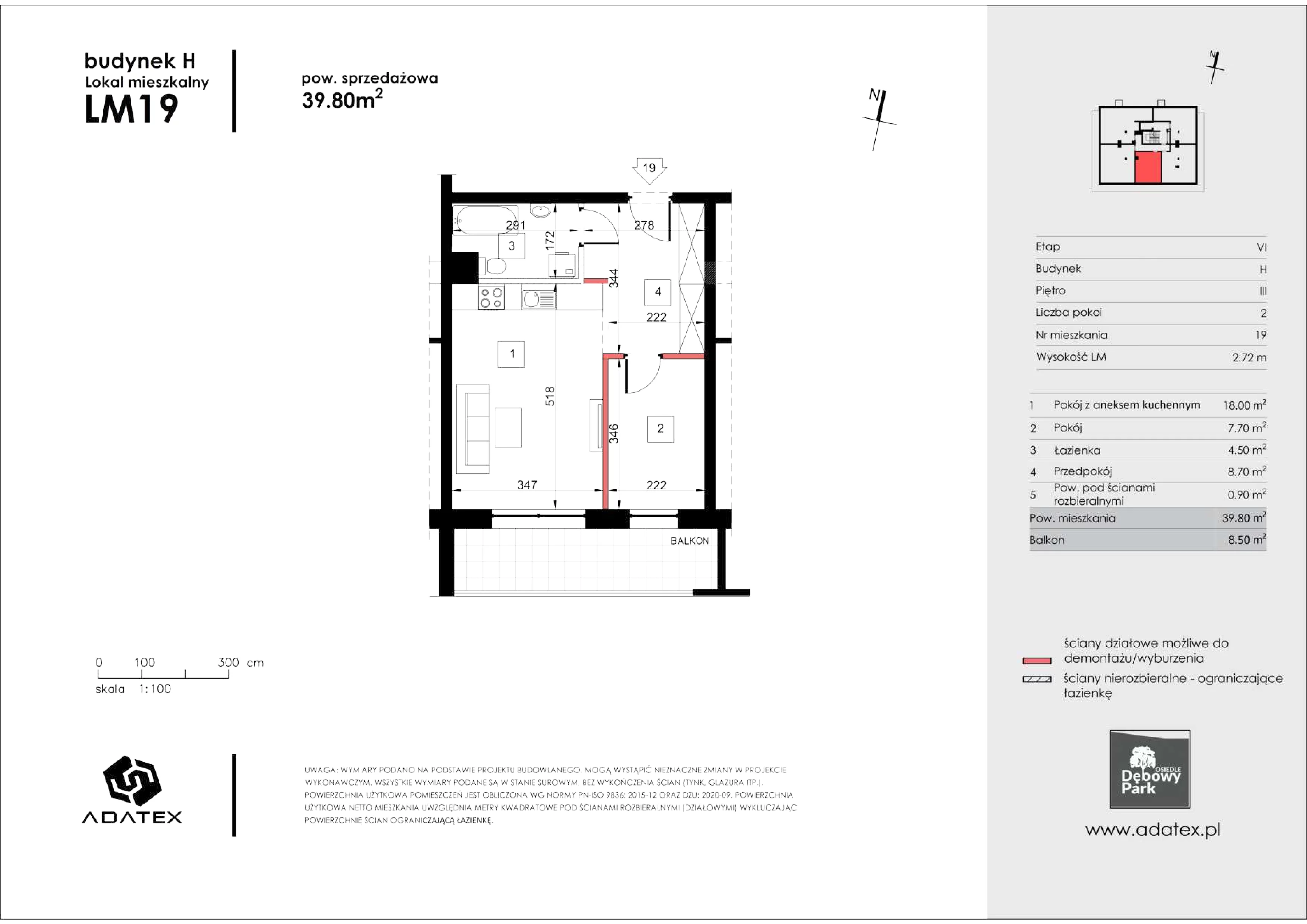 2 pokoje, mieszkanie 39,80 m², piętro 3, oferta nr H19, Osiedle Dębowy Park, Siemianowice Śląskie, Bytków, ul. Oświęcimska 7a