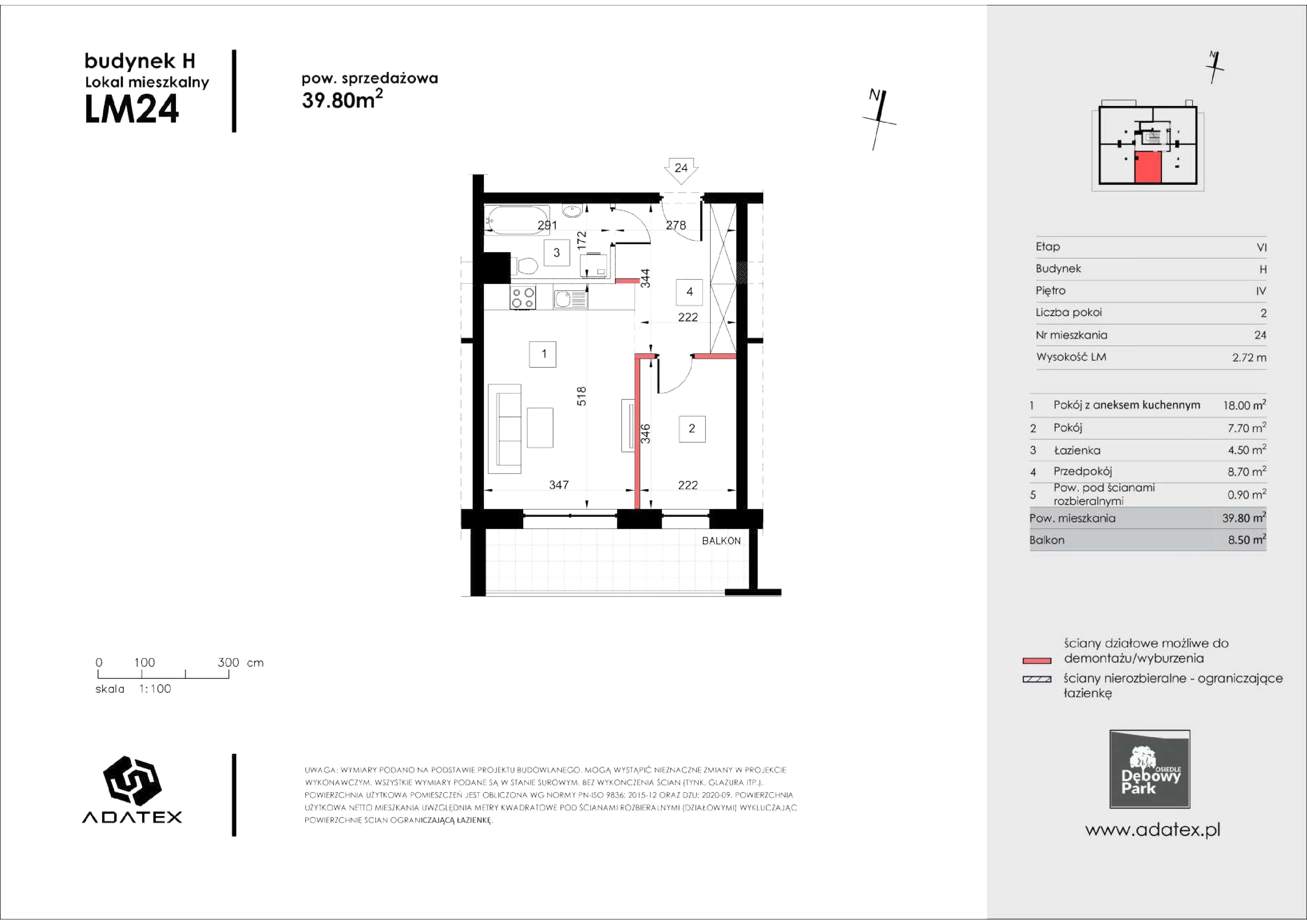 2 pokoje, mieszkanie 39,80 m², piętro 4, oferta nr H24, Osiedle Dębowy Park, Siemianowice Śląskie, Bytków, ul. Oświęcimska 7a