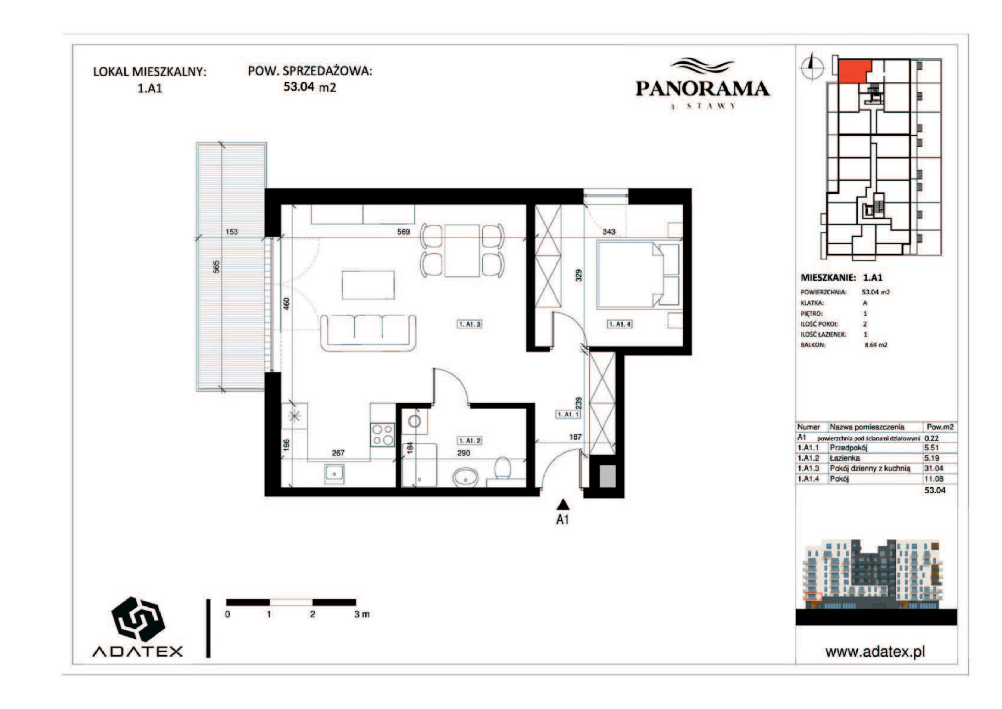 2 pokoje, mieszkanie 53,04 m², piętro 1, oferta nr 1.A1, Panorama 3 Stawy, Katowice, Osiedle Paderewskiego-Muchowiec, Dolina Trzech Stawów, ul. Pułaskiego 23