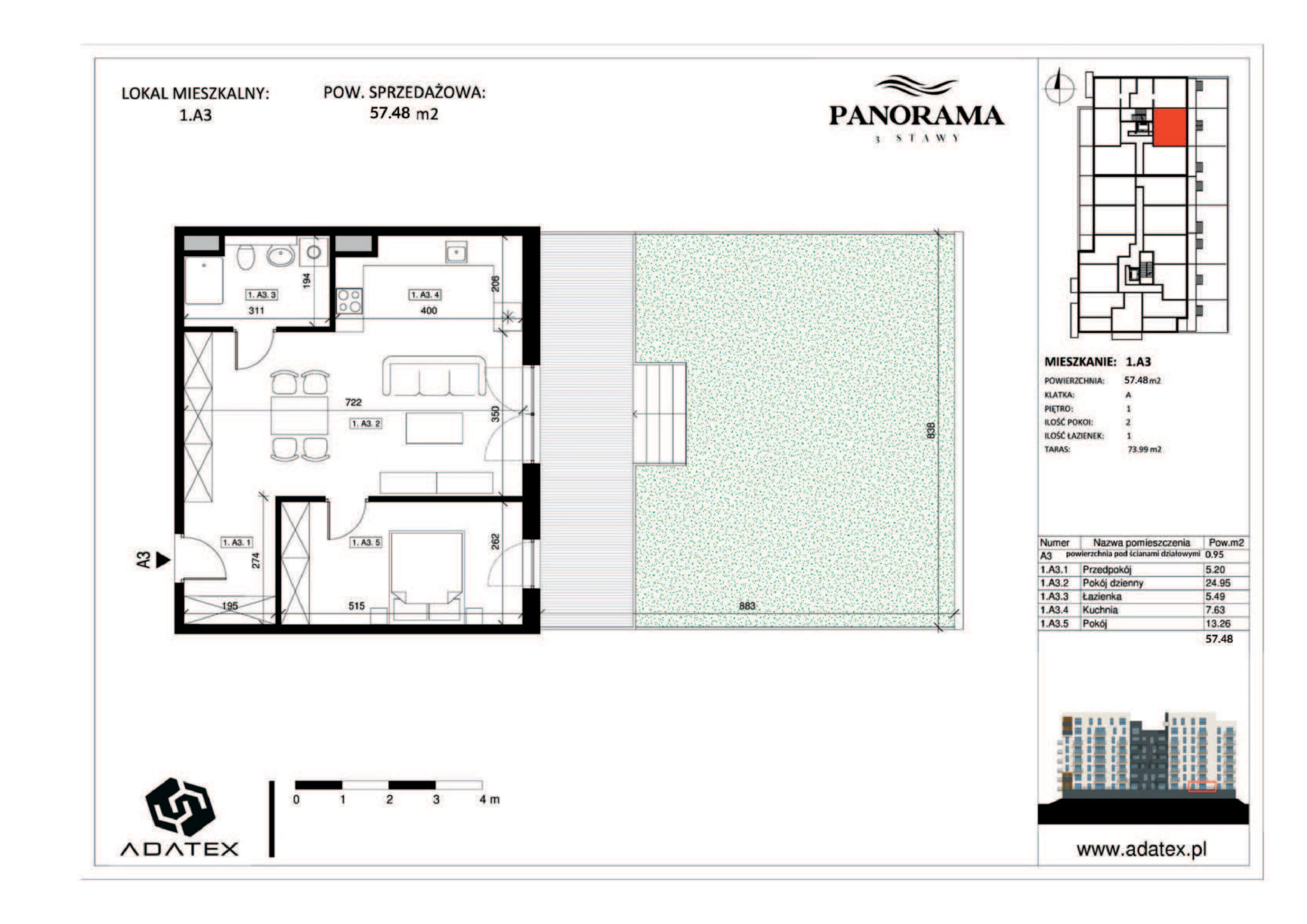 2 pokoje, mieszkanie 57,48 m², piętro 1, oferta nr 1.A3, Panorama 3 Stawy, Katowice, Osiedle Paderewskiego-Muchowiec, Dolina Trzech Stawów, ul. Pułaskiego 23