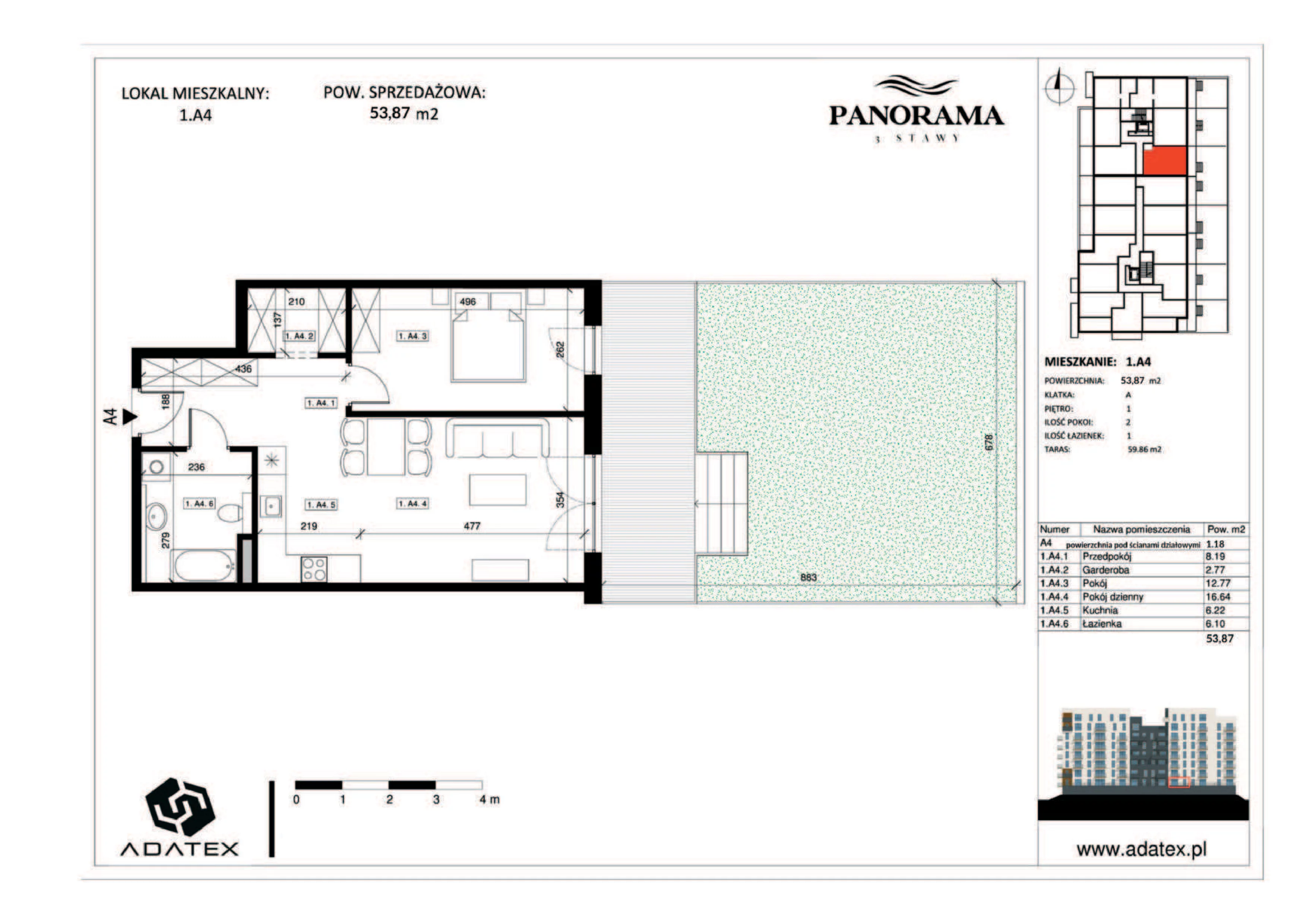 2 pokoje, mieszkanie 53,87 m², piętro 1, oferta nr 1.A4, Panorama 3 Stawy, Katowice, Osiedle Paderewskiego-Muchowiec, Dolina Trzech Stawów, ul. Pułaskiego 23