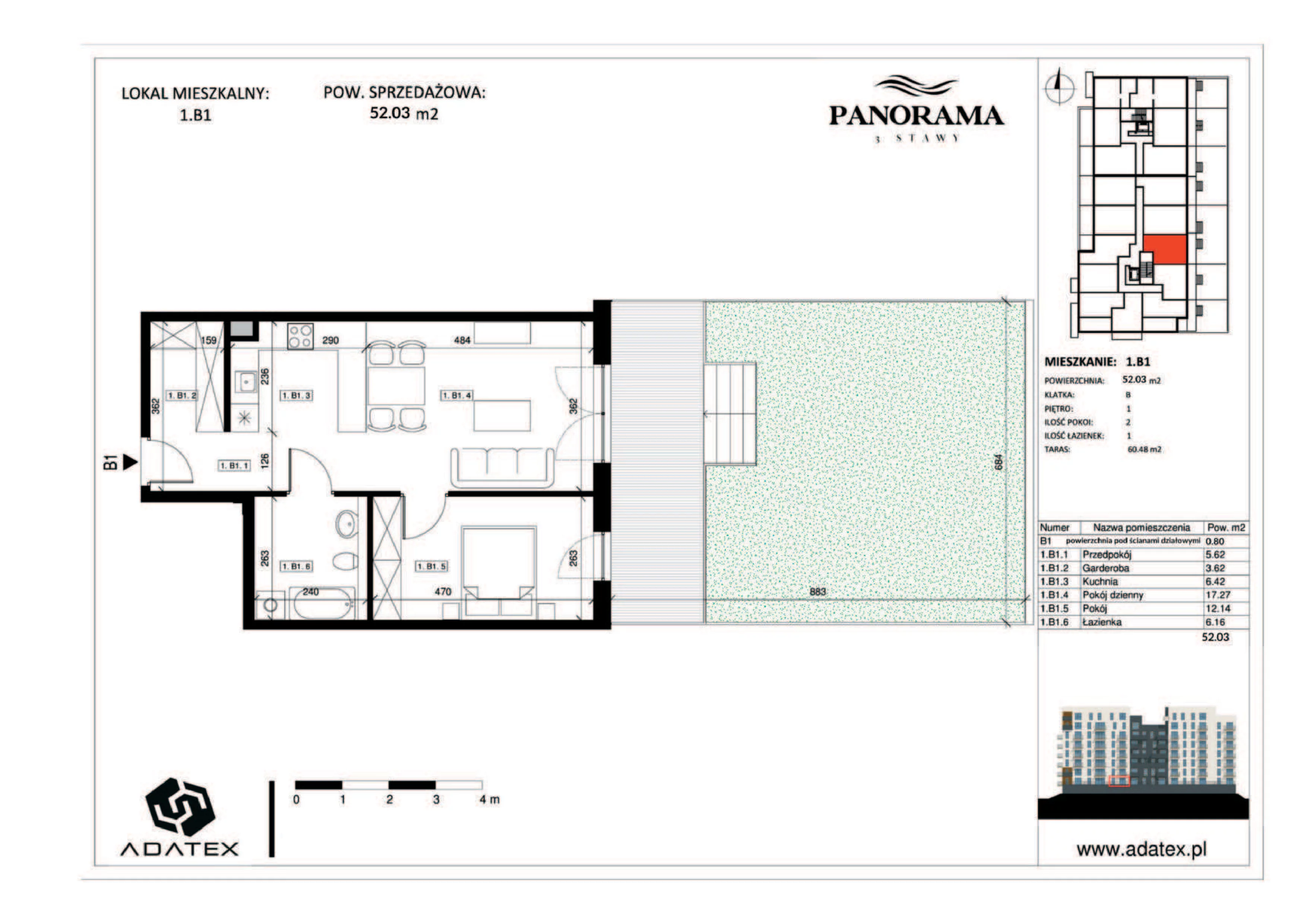 2 pokoje, mieszkanie 52,03 m², piętro 1, oferta nr 1.B1, Panorama 3 Stawy, Katowice, Osiedle Paderewskiego-Muchowiec, Dolina Trzech Stawów, ul. Pułaskiego 23