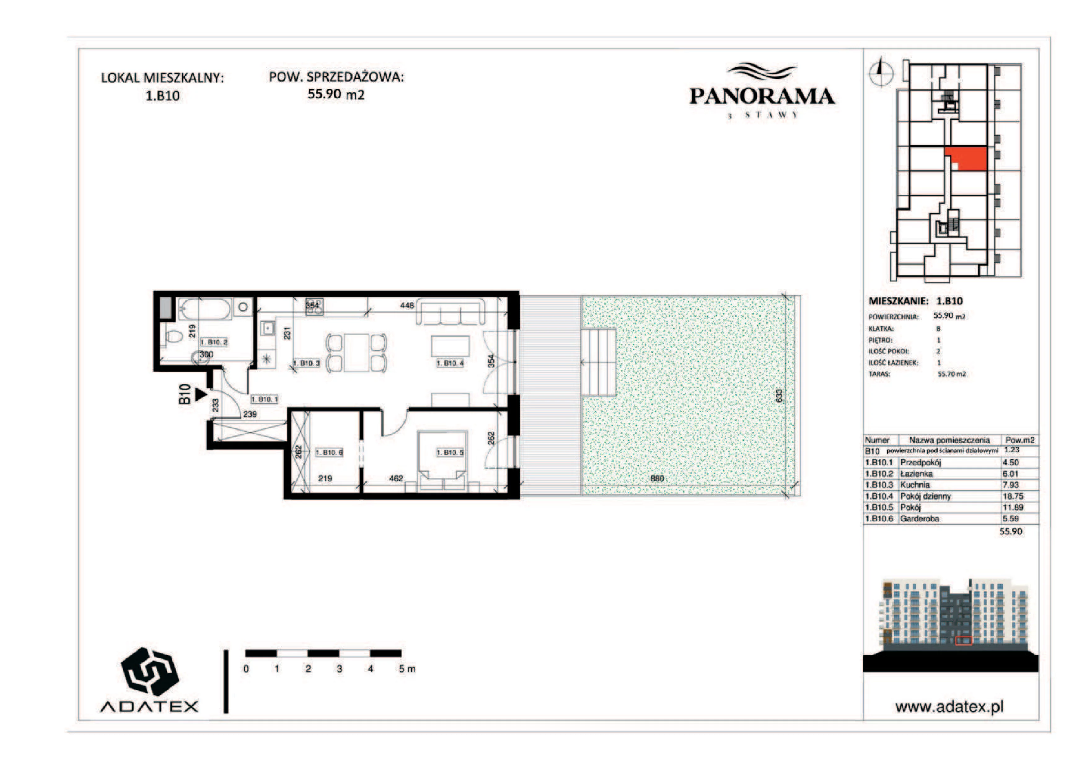 2 pokoje, mieszkanie 55,90 m², piętro 1, oferta nr 1.B10, Panorama 3 Stawy, Katowice, Osiedle Paderewskiego-Muchowiec, Dolina Trzech Stawów, ul. Pułaskiego 23