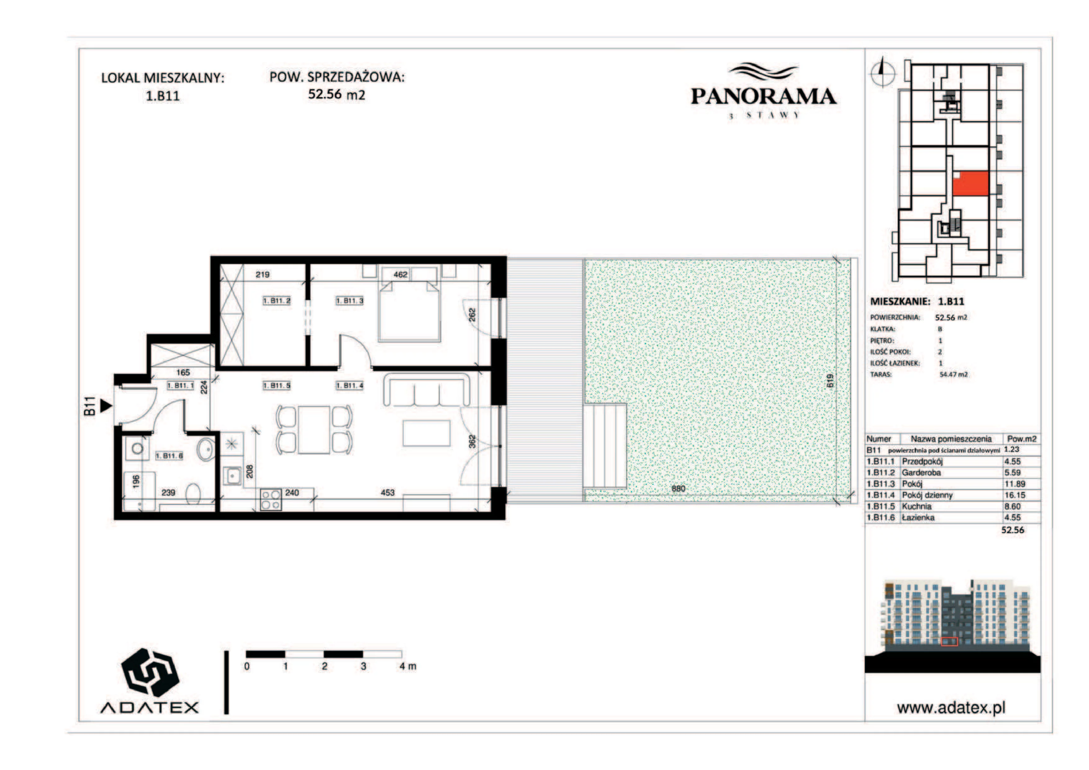 2 pokoje, mieszkanie 52,56 m², piętro 1, oferta nr 1.B11, Panorama 3 Stawy, Katowice, Osiedle Paderewskiego-Muchowiec, Dolina Trzech Stawów, ul. Pułaskiego 23