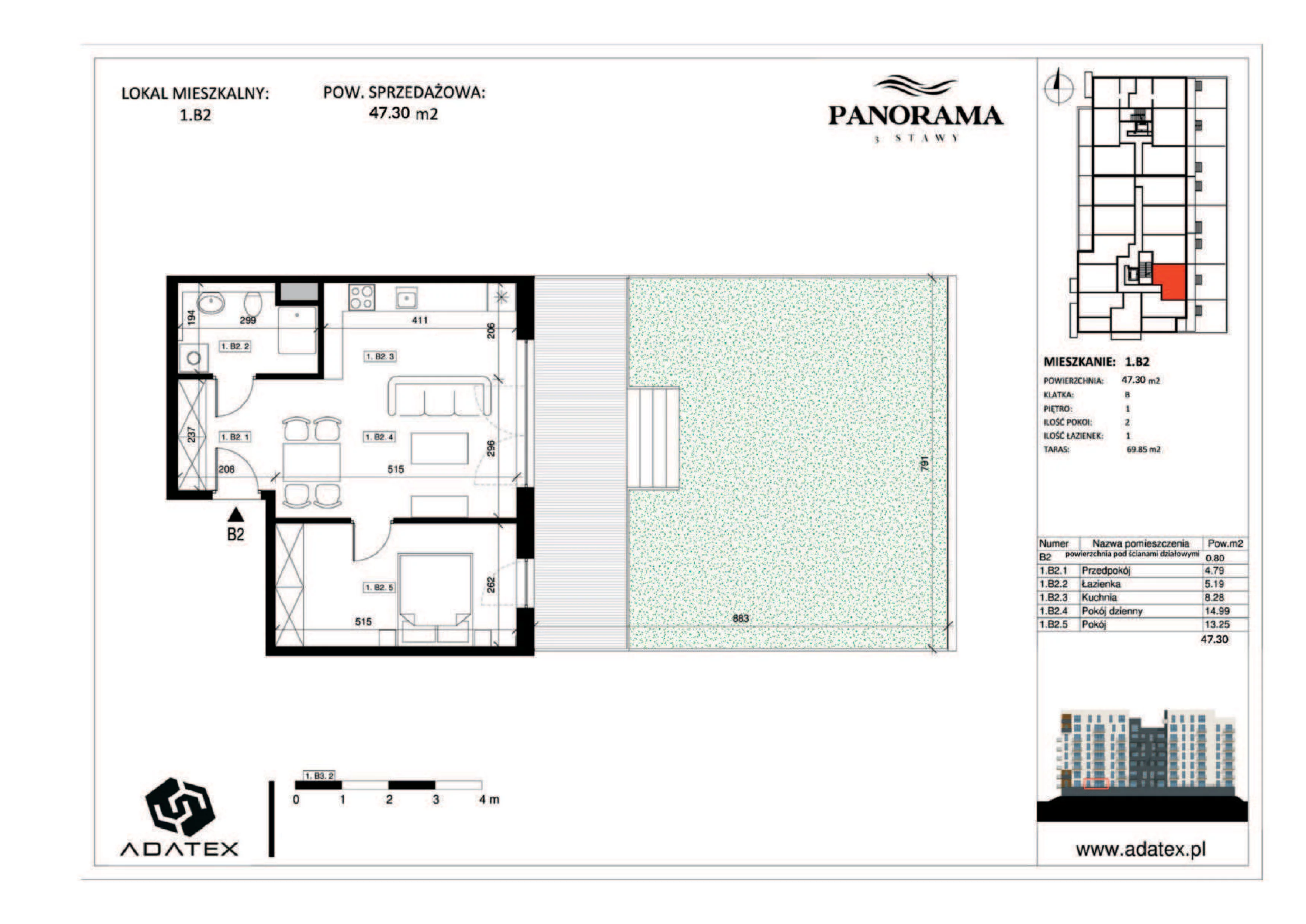 2 pokoje, mieszkanie 47,30 m², piętro 1, oferta nr 1.B2, Panorama 3 Stawy, Katowice, Osiedle Paderewskiego-Muchowiec, Dolina Trzech Stawów, ul. Pułaskiego 23