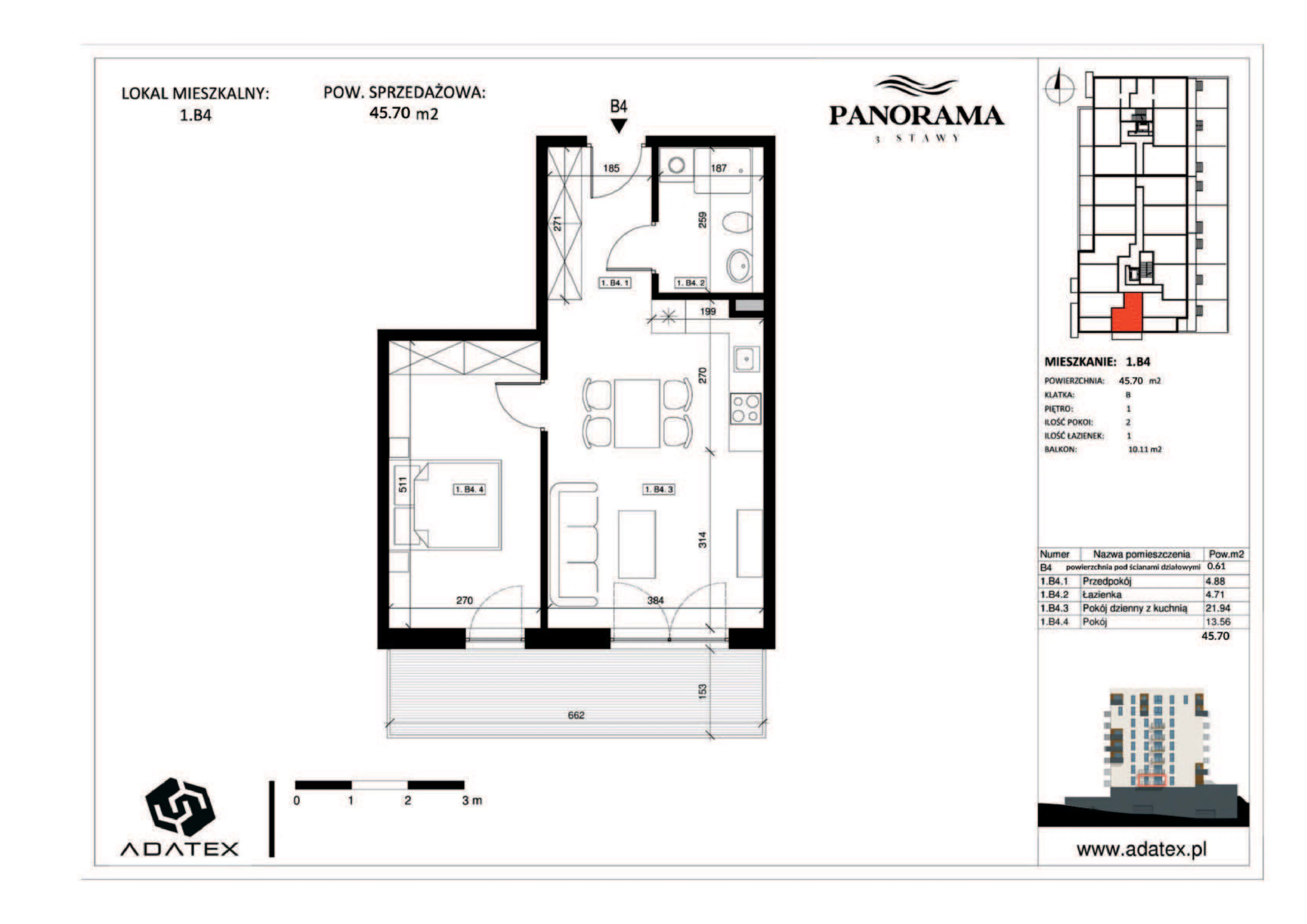 2 pokoje, mieszkanie 45,70 m², piętro 1, oferta nr 1.B4, Panorama 3 Stawy, Katowice, Osiedle Paderewskiego-Muchowiec, Dolina Trzech Stawów, ul. Pułaskiego 23