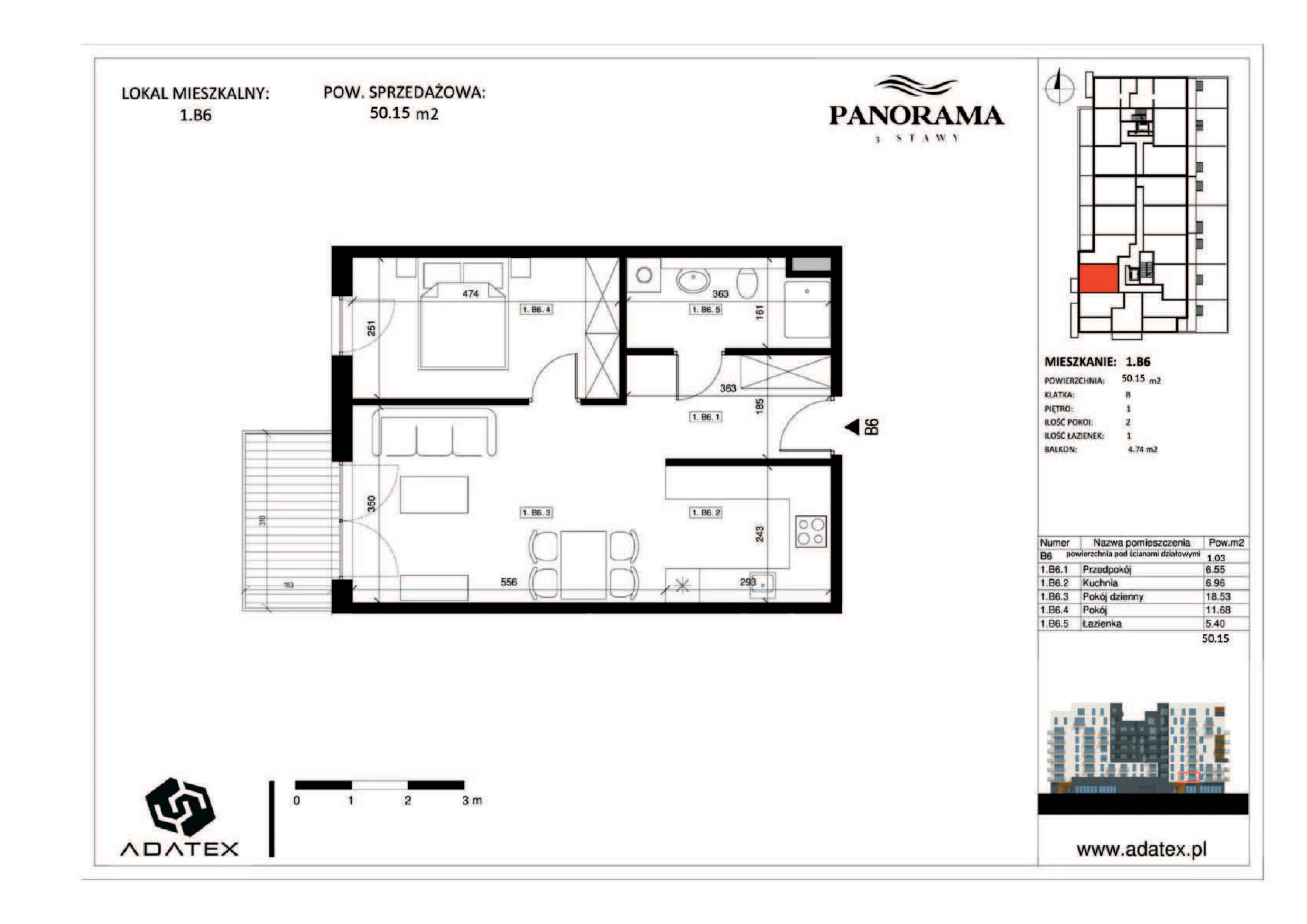 2 pokoje, mieszkanie 50,15 m², piętro 1, oferta nr 1.B6, Panorama 3 Stawy, Katowice, Osiedle Paderewskiego-Muchowiec, Dolina Trzech Stawów, ul. Pułaskiego 23