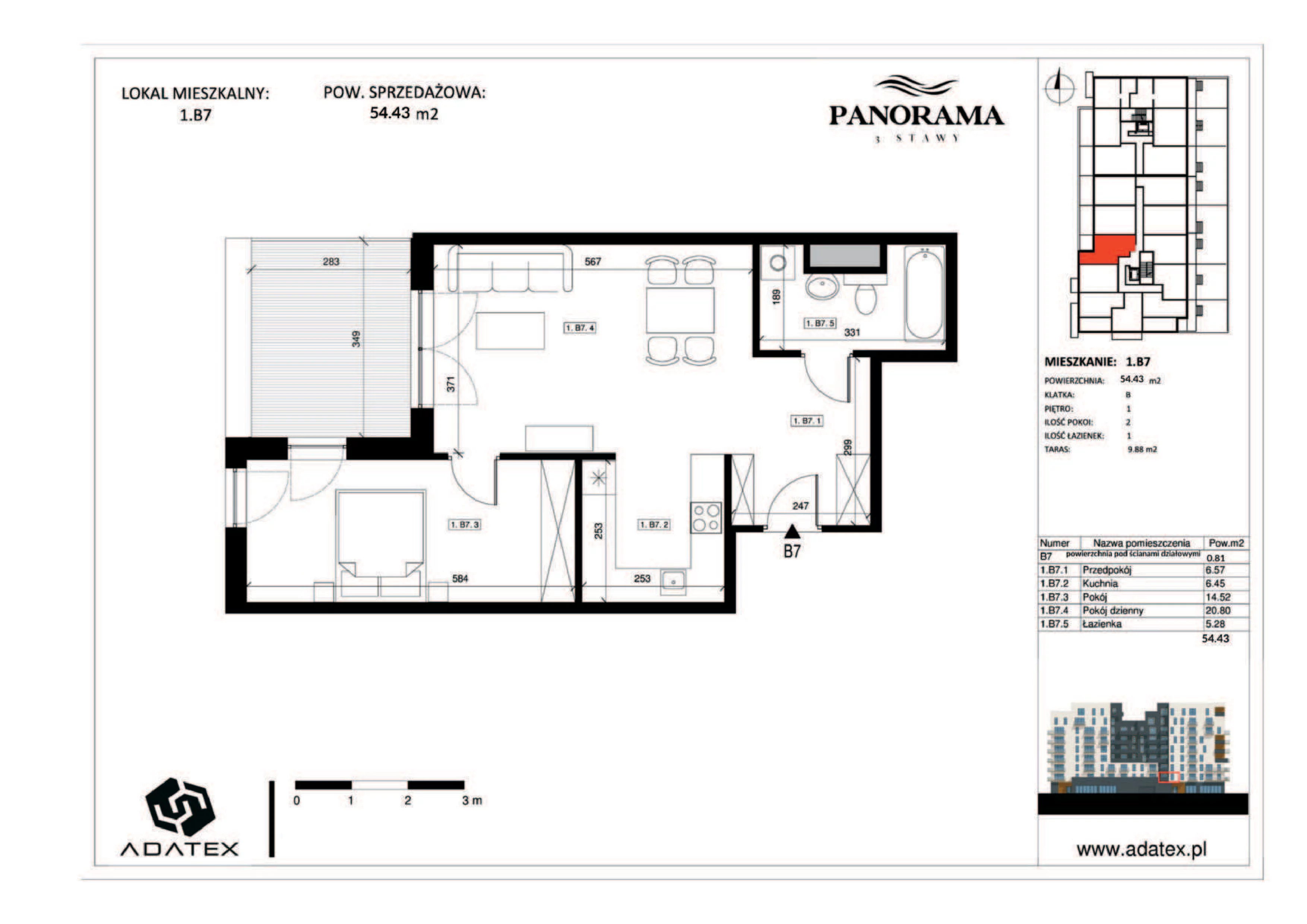 2 pokoje, mieszkanie 54,43 m², piętro 1, oferta nr 1.B7, Panorama 3 Stawy, Katowice, Osiedle Paderewskiego-Muchowiec, Dolina Trzech Stawów, ul. Pułaskiego 23