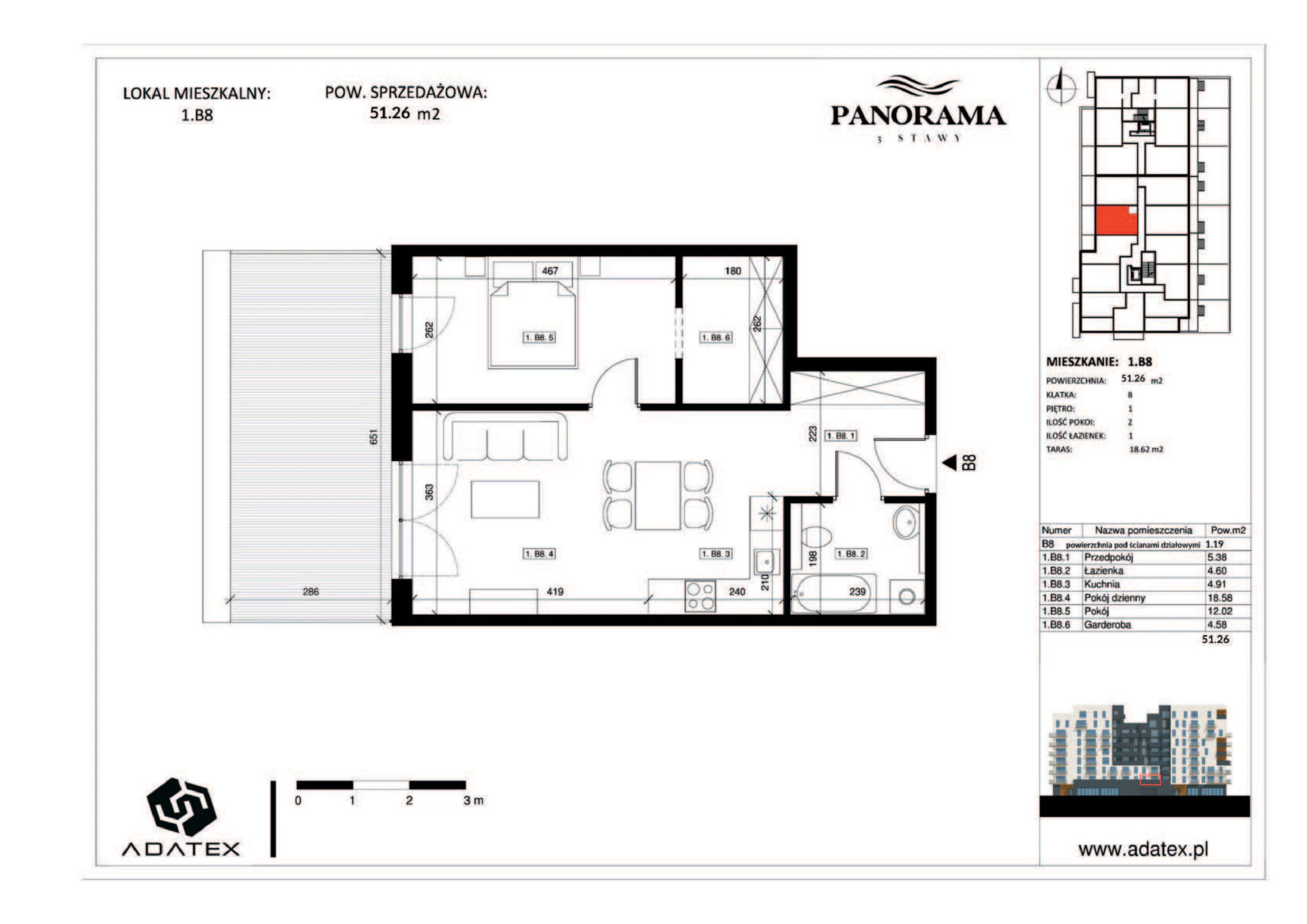 2 pokoje, mieszkanie 51,26 m², piętro 1, oferta nr 1.B8, Panorama 3 Stawy, Katowice, Osiedle Paderewskiego-Muchowiec, Dolina Trzech Stawów, ul. Pułaskiego 23