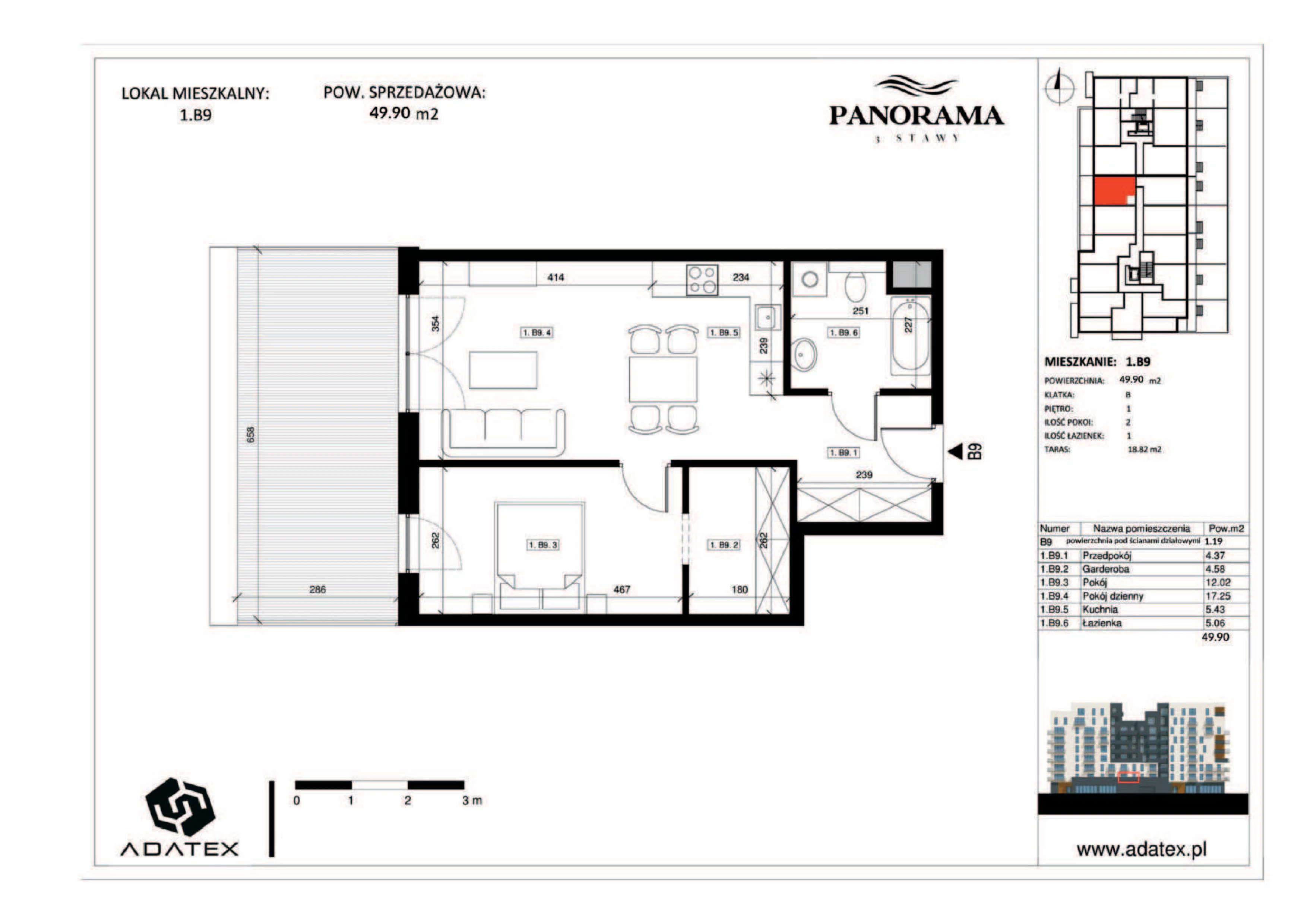 2 pokoje, mieszkanie 49,90 m², piętro 1, oferta nr 1.B9, Panorama 3 Stawy, Katowice, Osiedle Paderewskiego-Muchowiec, Dolina Trzech Stawów, ul. Pułaskiego 23