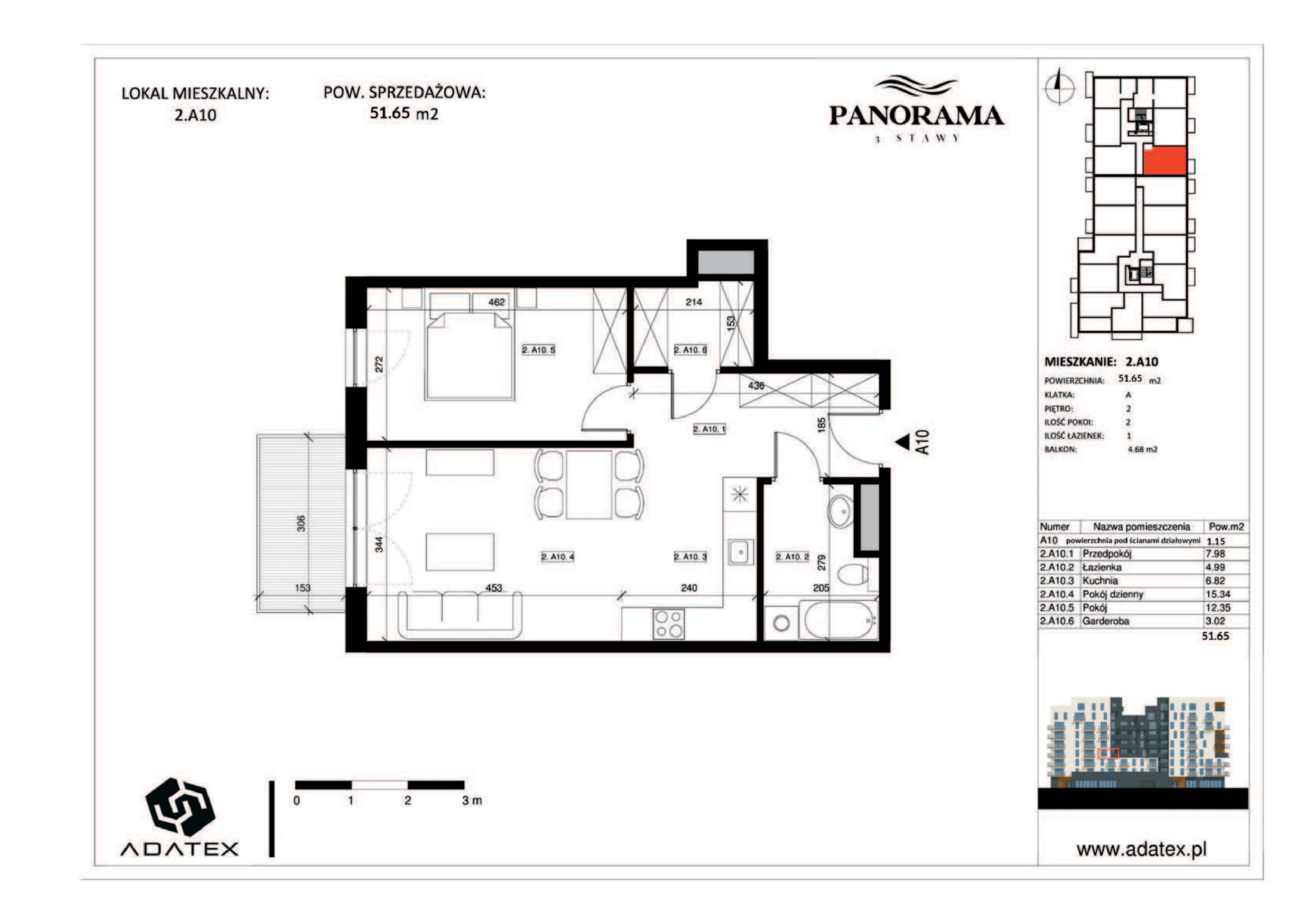 2 pokoje, mieszkanie 51,65 m², piętro 2, oferta nr 2.A10, Panorama 3 Stawy, Katowice, Osiedle Paderewskiego-Muchowiec, Dolina Trzech Stawów, ul. Pułaskiego 23