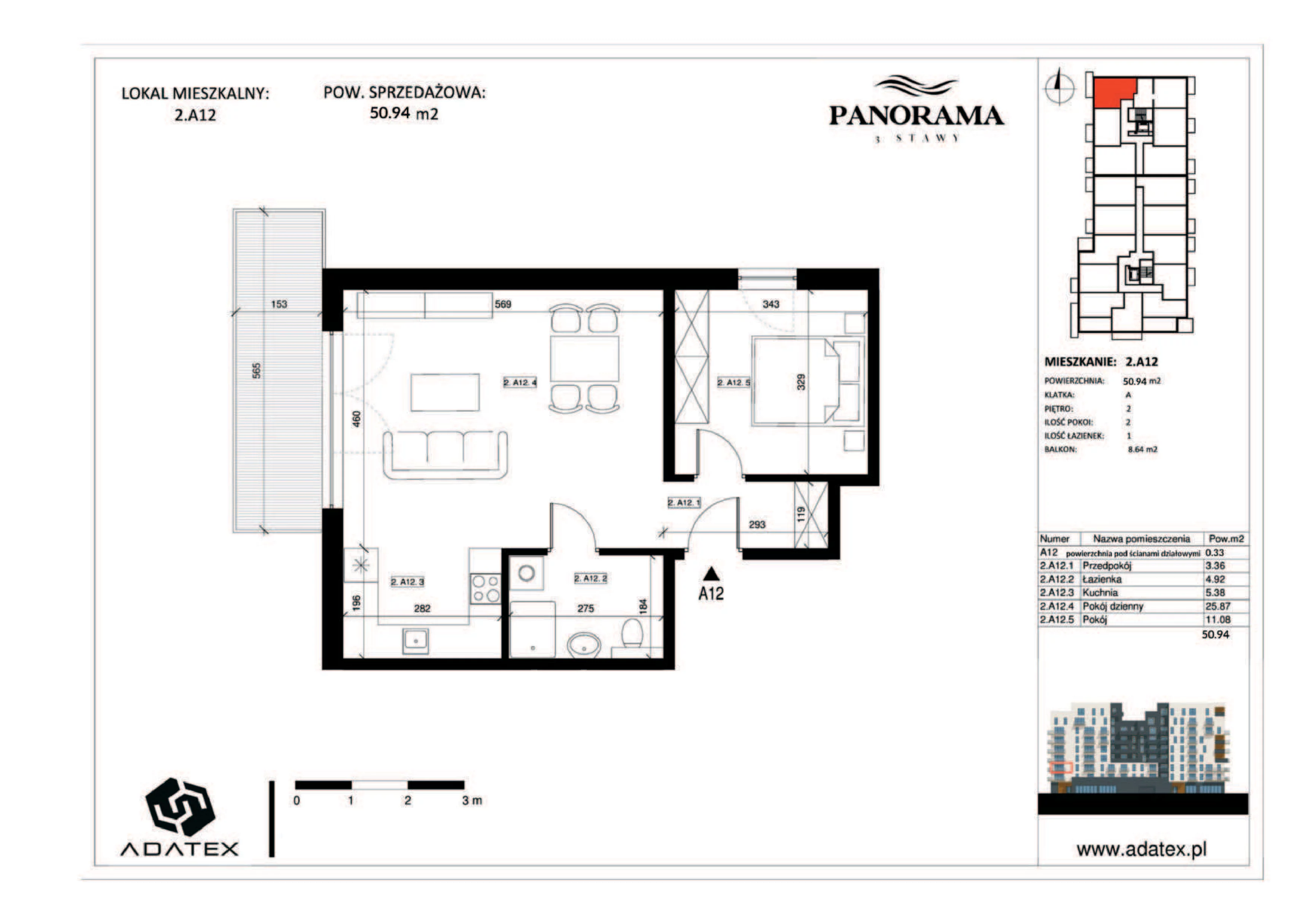 2 pokoje, mieszkanie 50,94 m², piętro 2, oferta nr 2.A12, Panorama 3 Stawy, Katowice, Osiedle Paderewskiego-Muchowiec, Dolina Trzech Stawów, ul. Pułaskiego 23