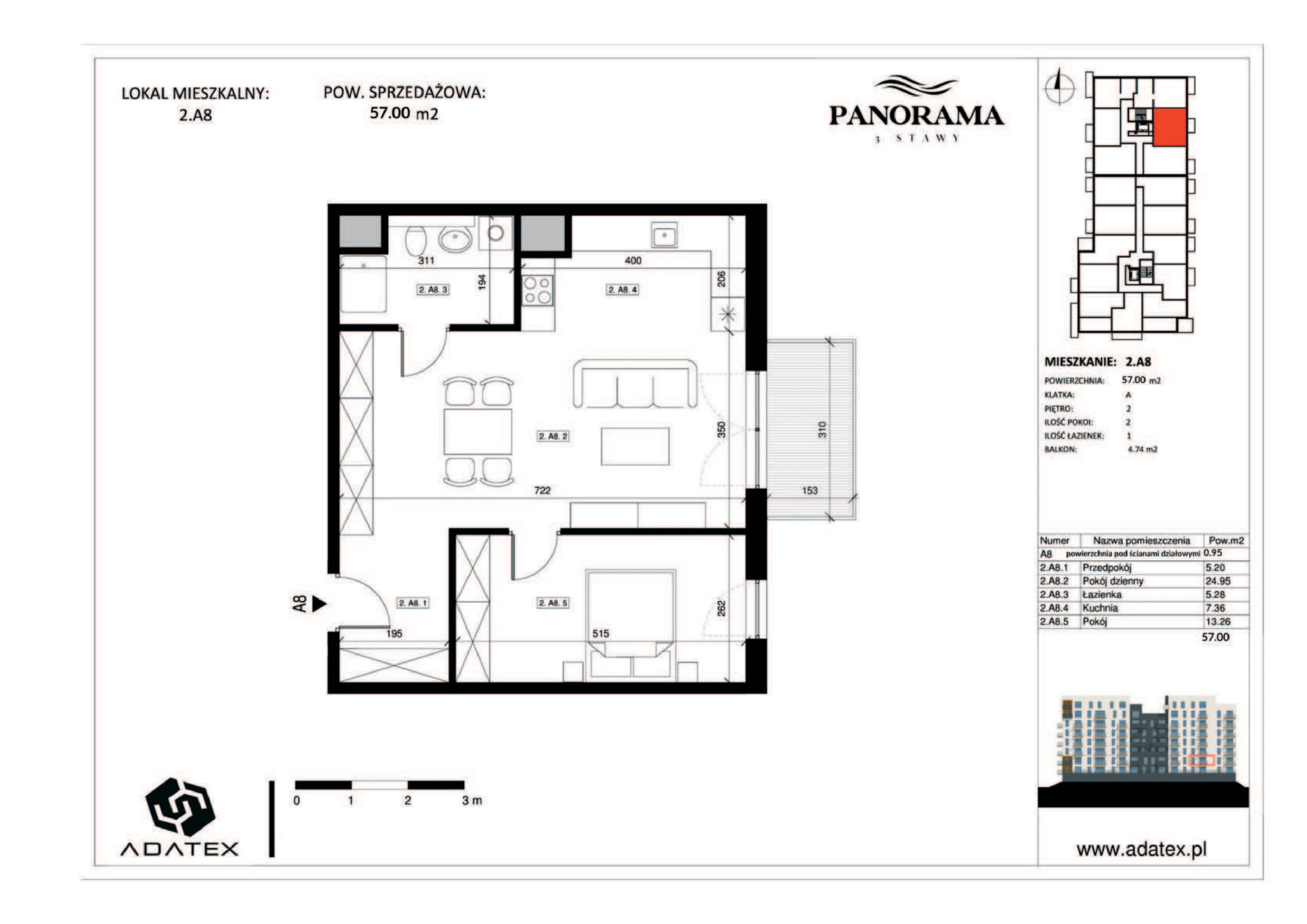 2 pokoje, mieszkanie 57,00 m², piętro 2, oferta nr 2.A8, Panorama 3 Stawy, Katowice, Osiedle Paderewskiego-Muchowiec, Dolina Trzech Stawów, ul. Pułaskiego 23