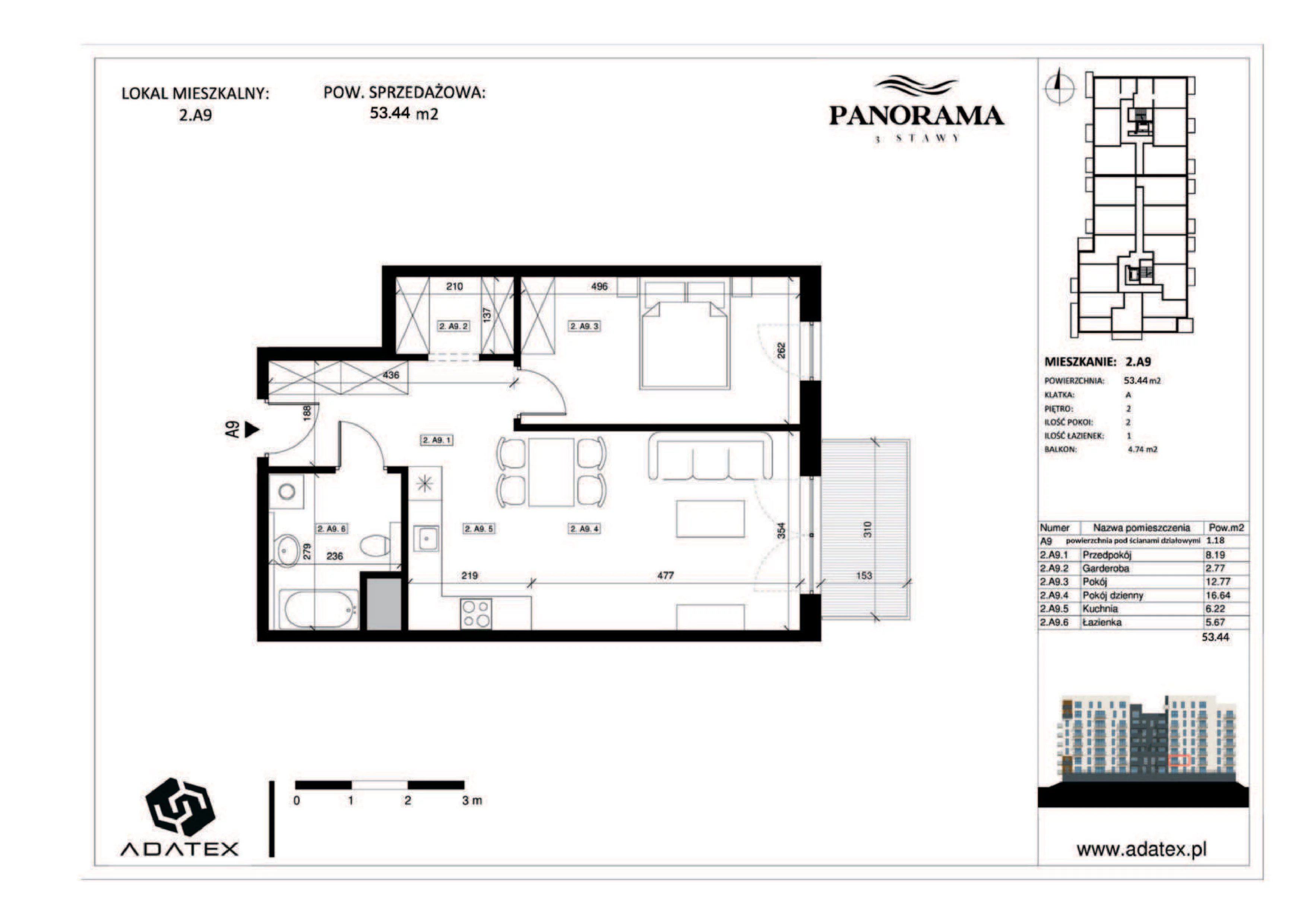 2 pokoje, mieszkanie 53,44 m², piętro 2, oferta nr 2.A9, Panorama 3 Stawy, Katowice, Osiedle Paderewskiego-Muchowiec, Dolina Trzech Stawów, ul. Pułaskiego 23