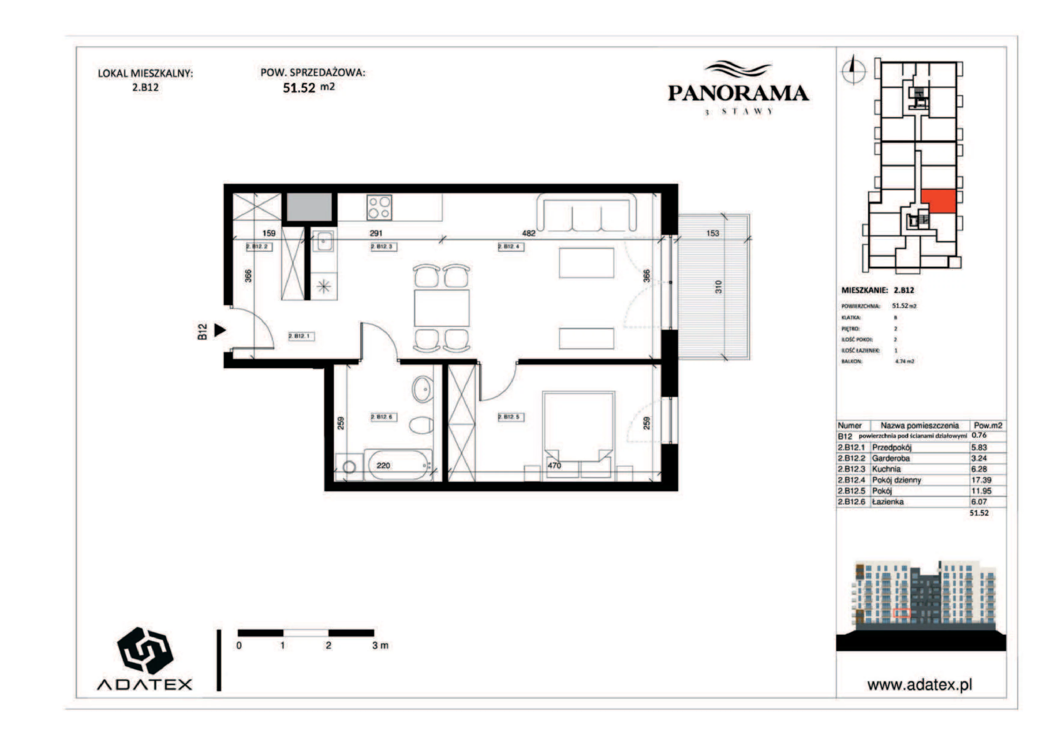 2 pokoje, mieszkanie 51,52 m², piętro 2, oferta nr 2.B12, Panorama 3 Stawy, Katowice, Osiedle Paderewskiego-Muchowiec, Dolina Trzech Stawów, ul. Pułaskiego 23