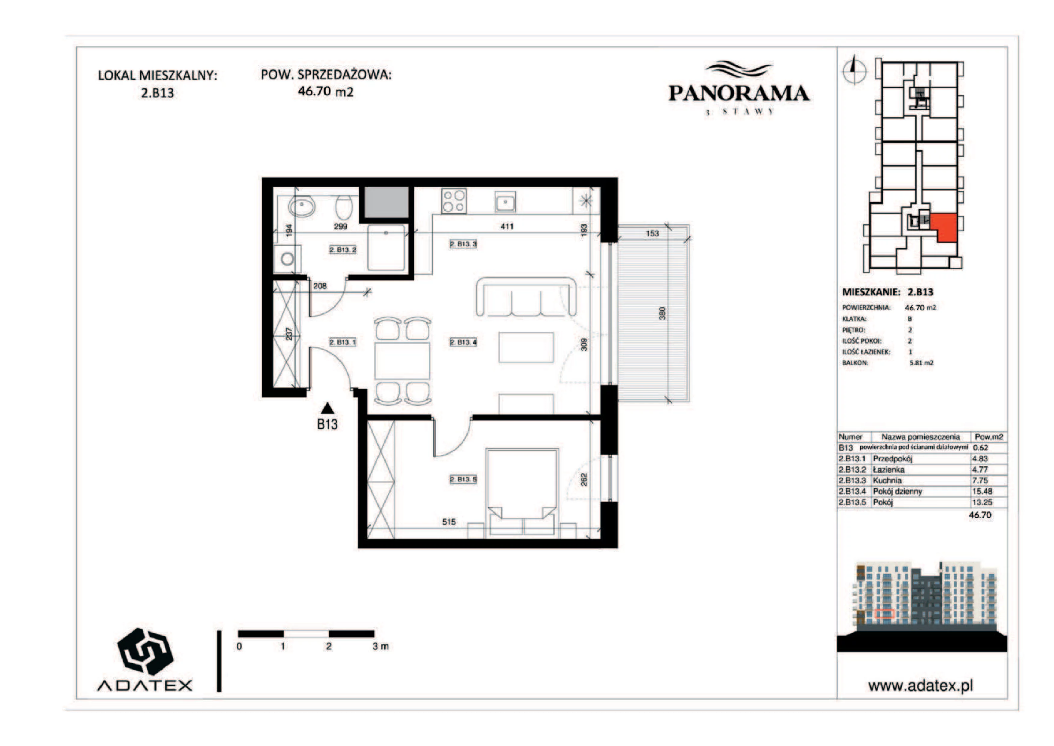 2 pokoje, mieszkanie 46,70 m², piętro 2, oferta nr 2.B13, Panorama 3 Stawy, Katowice, Osiedle Paderewskiego-Muchowiec, Dolina Trzech Stawów, ul. Pułaskiego 23