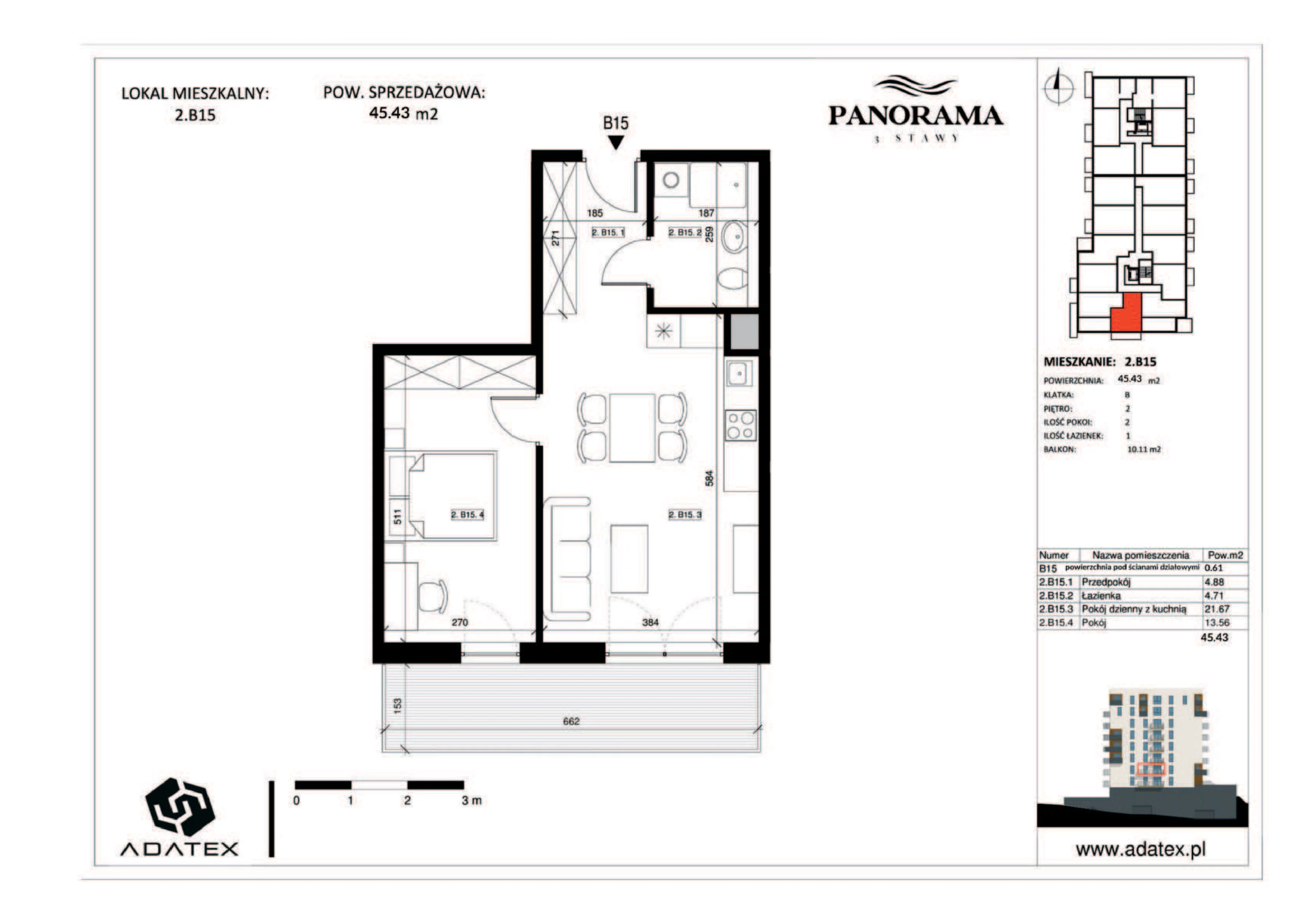 2 pokoje, mieszkanie 45,43 m², piętro 2, oferta nr 2.B15, Panorama 3 Stawy, Katowice, Osiedle Paderewskiego-Muchowiec, Dolina Trzech Stawów, ul. Pułaskiego 23