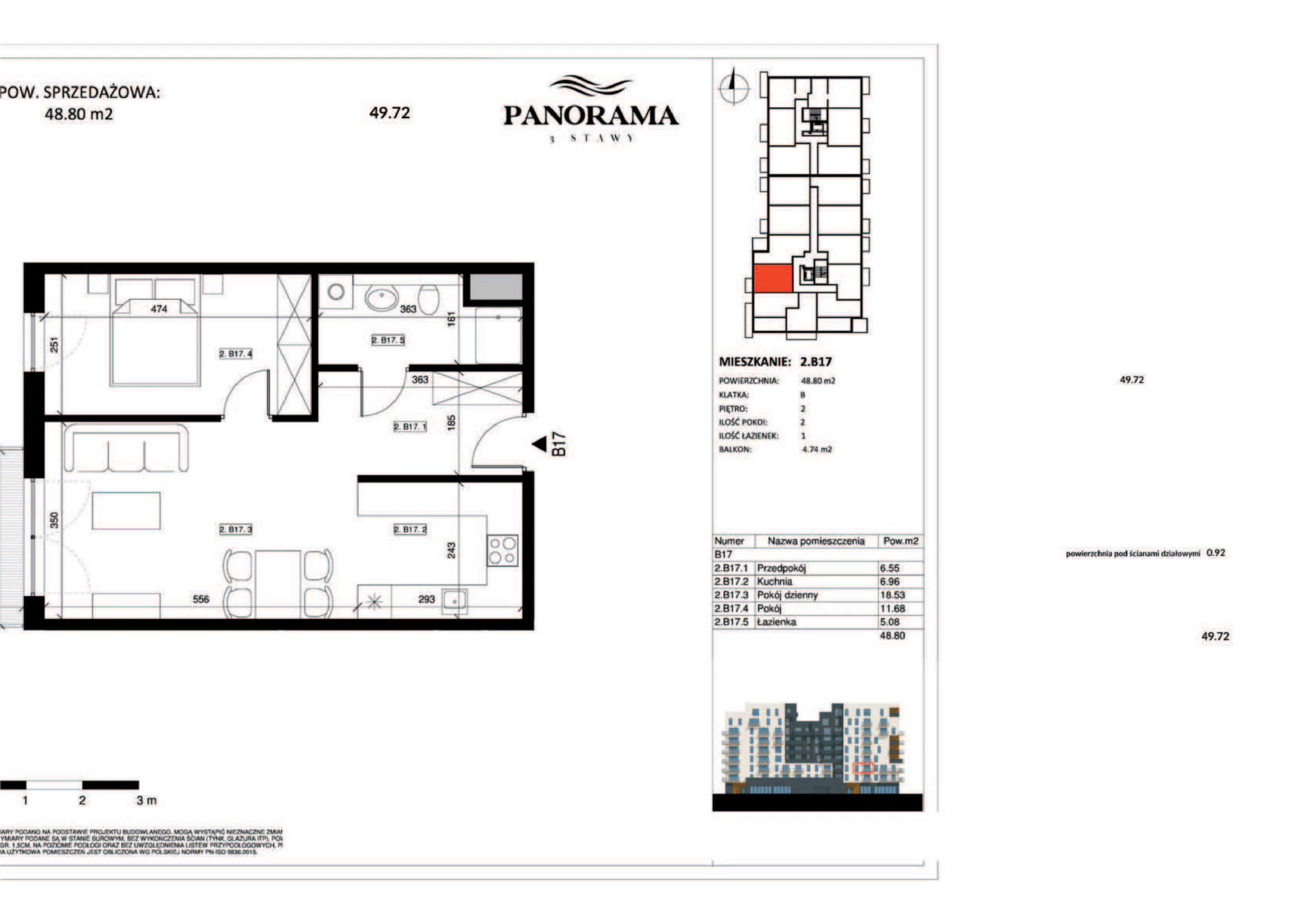 2 pokoje, mieszkanie 49,72 m², piętro 2, oferta nr 2.B17, Panorama 3 Stawy, Katowice, Osiedle Paderewskiego-Muchowiec, Dolina Trzech Stawów, ul. Pułaskiego 23