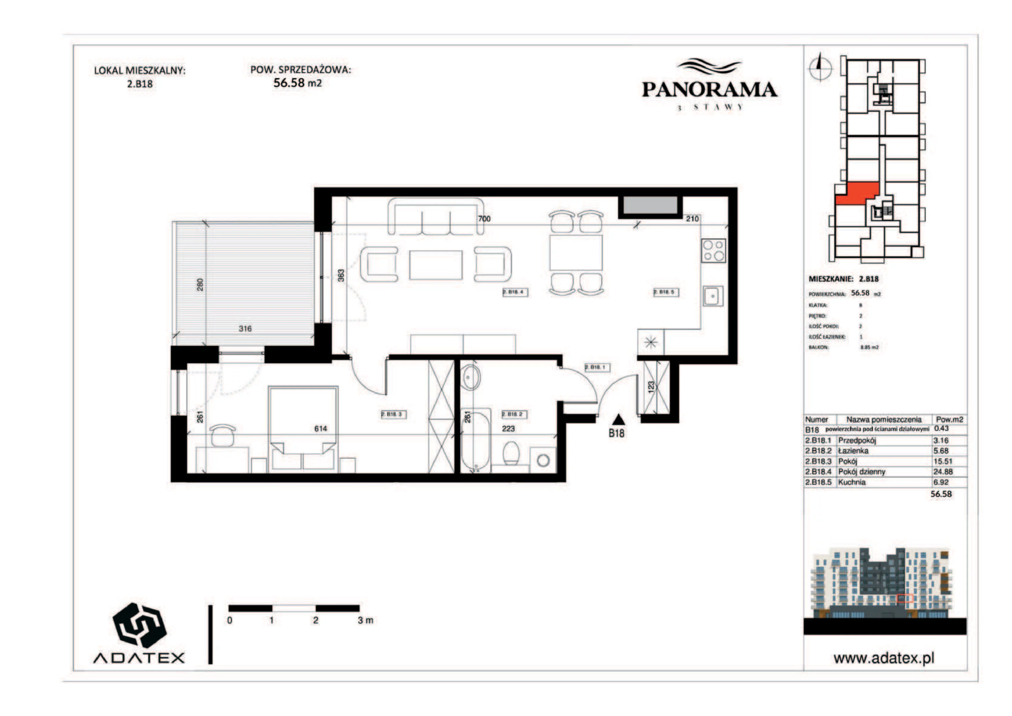 2 pokoje, mieszkanie 56,58 m², piętro 2, oferta nr 2.B18, Panorama 3 Stawy, Katowice, Osiedle Paderewskiego-Muchowiec, Dolina Trzech Stawów, ul. Pułaskiego 23