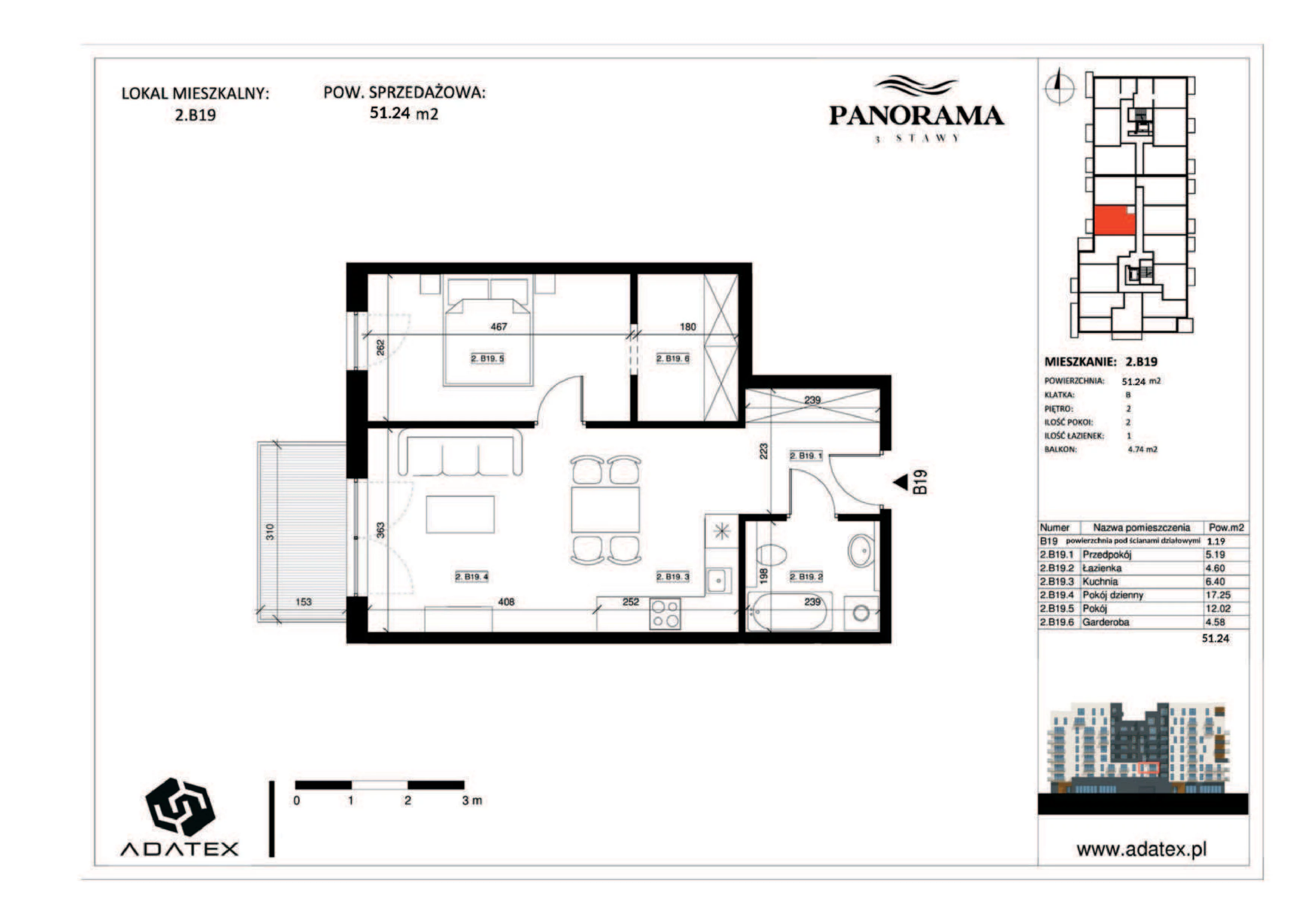 2 pokoje, mieszkanie 51,24 m², piętro 2, oferta nr 2.B19, Panorama 3 Stawy, Katowice, Osiedle Paderewskiego-Muchowiec, Dolina Trzech Stawów, ul. Pułaskiego 23