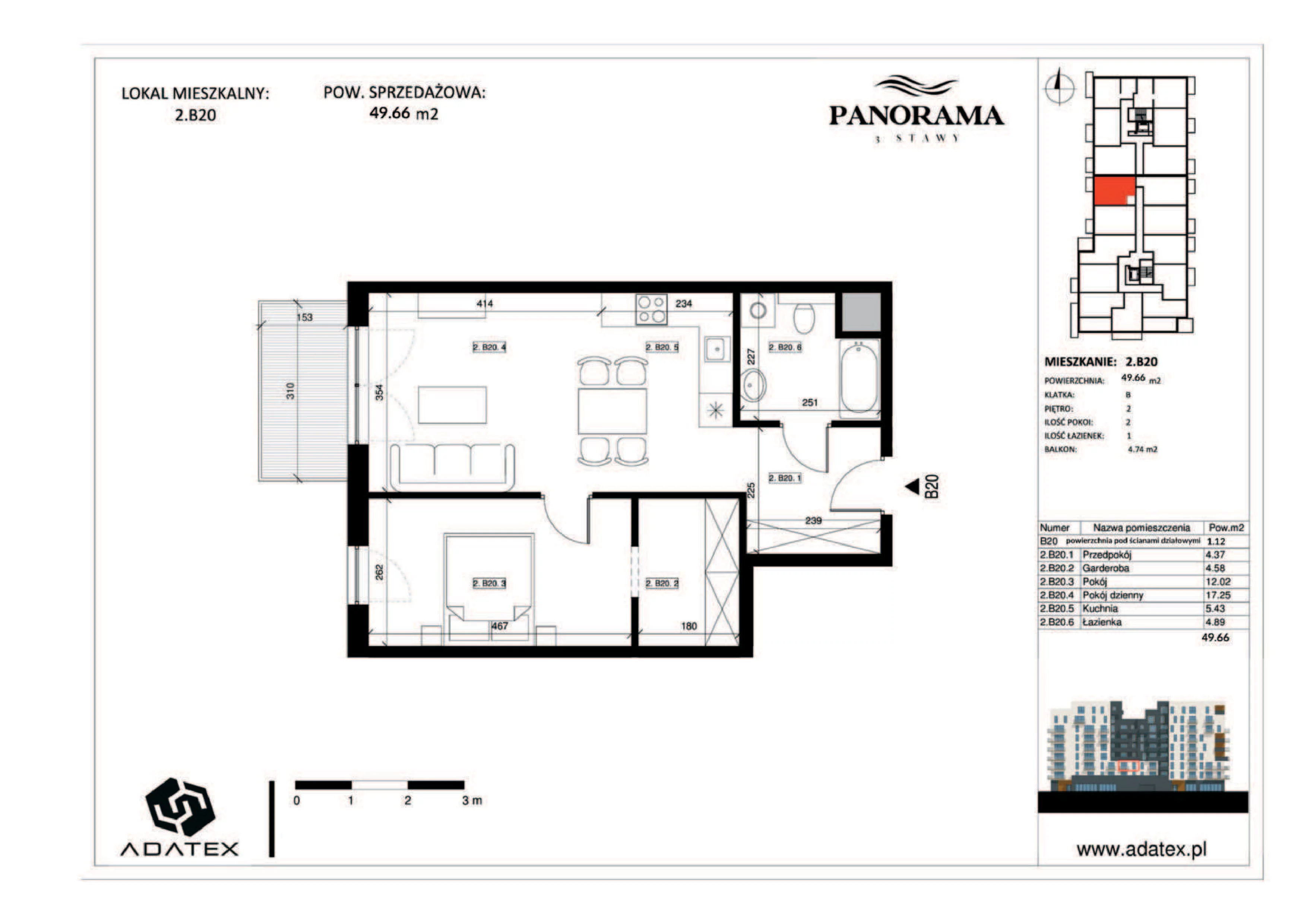 2 pokoje, mieszkanie 49,66 m², piętro 2, oferta nr 2.B20, Panorama 3 Stawy, Katowice, Osiedle Paderewskiego-Muchowiec, Dolina Trzech Stawów, ul. Pułaskiego 23