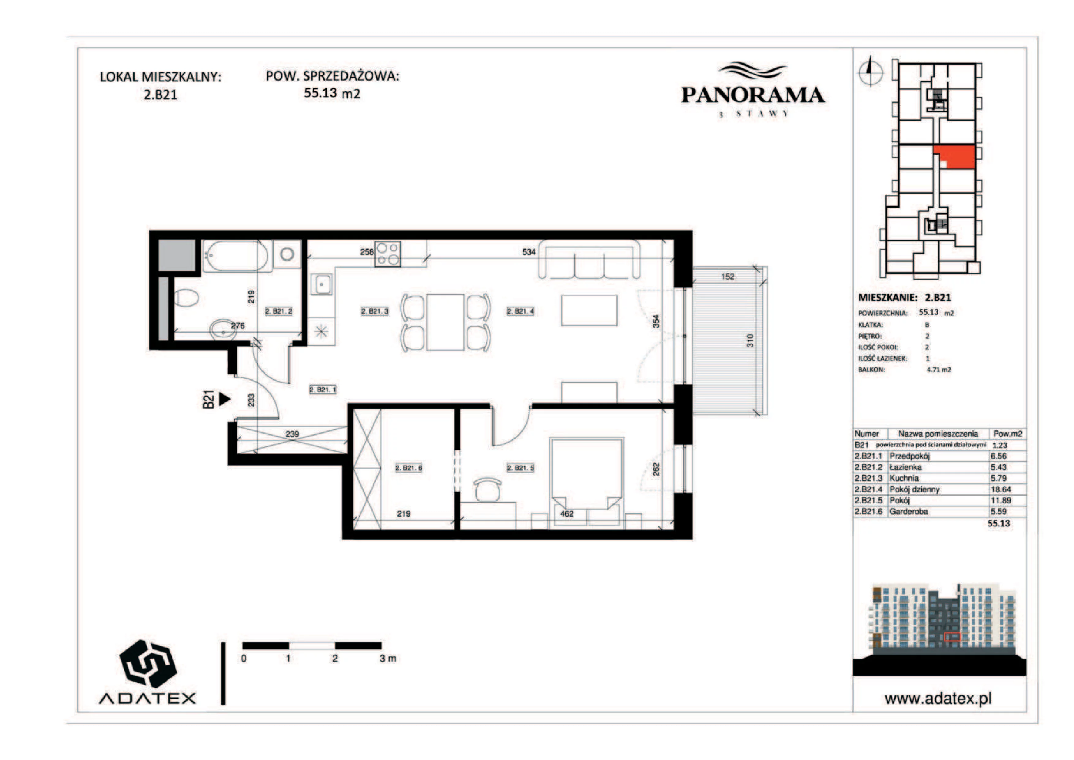 2 pokoje, mieszkanie 55,13 m², piętro 2, oferta nr 2.B21, Panorama 3 Stawy, Katowice, Osiedle Paderewskiego-Muchowiec, Dolina Trzech Stawów, ul. Pułaskiego 23