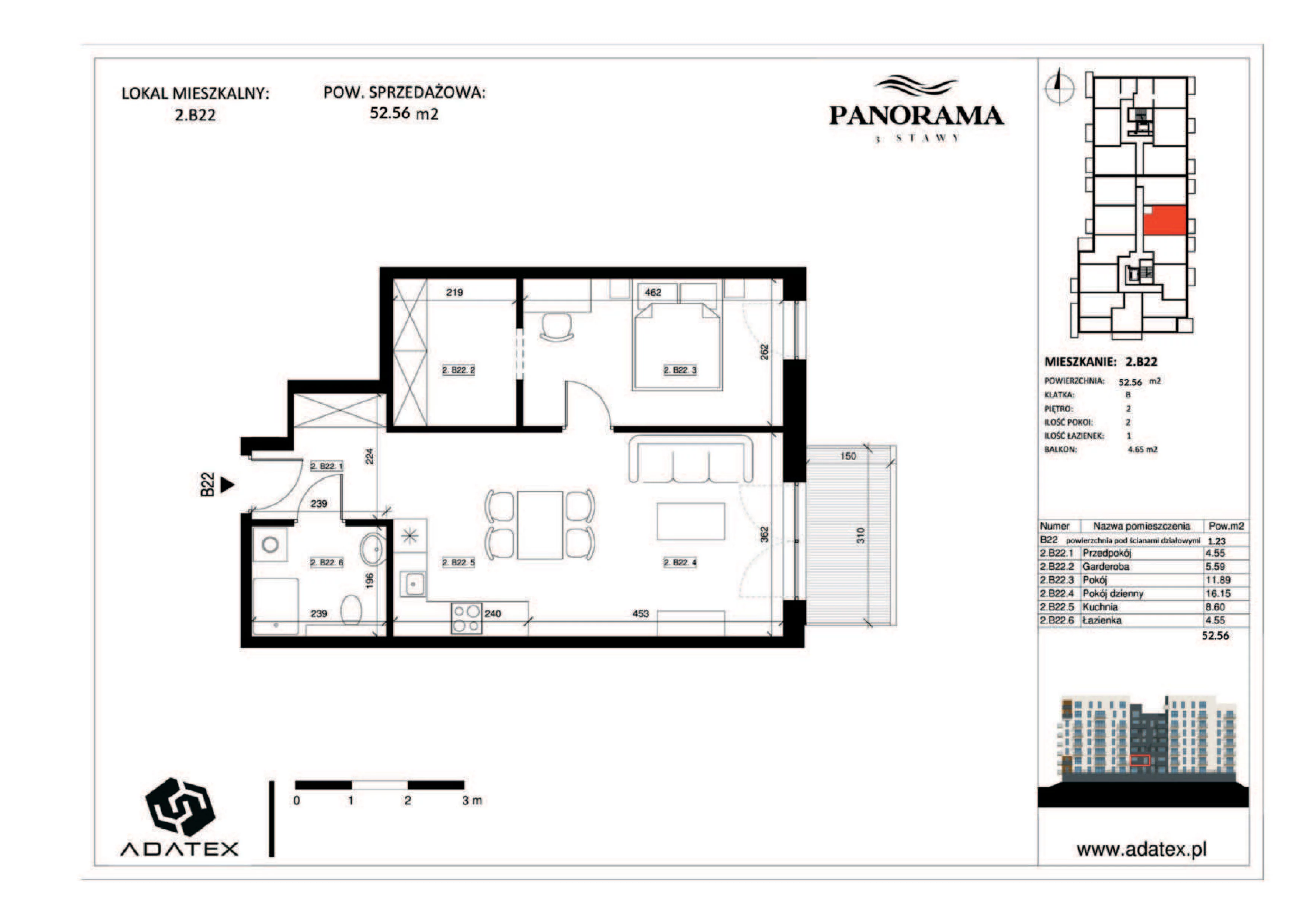 2 pokoje, mieszkanie 52,56 m², piętro 2, oferta nr 2.B22, Panorama 3 Stawy, Katowice, Osiedle Paderewskiego-Muchowiec, Dolina Trzech Stawów, ul. Pułaskiego 23