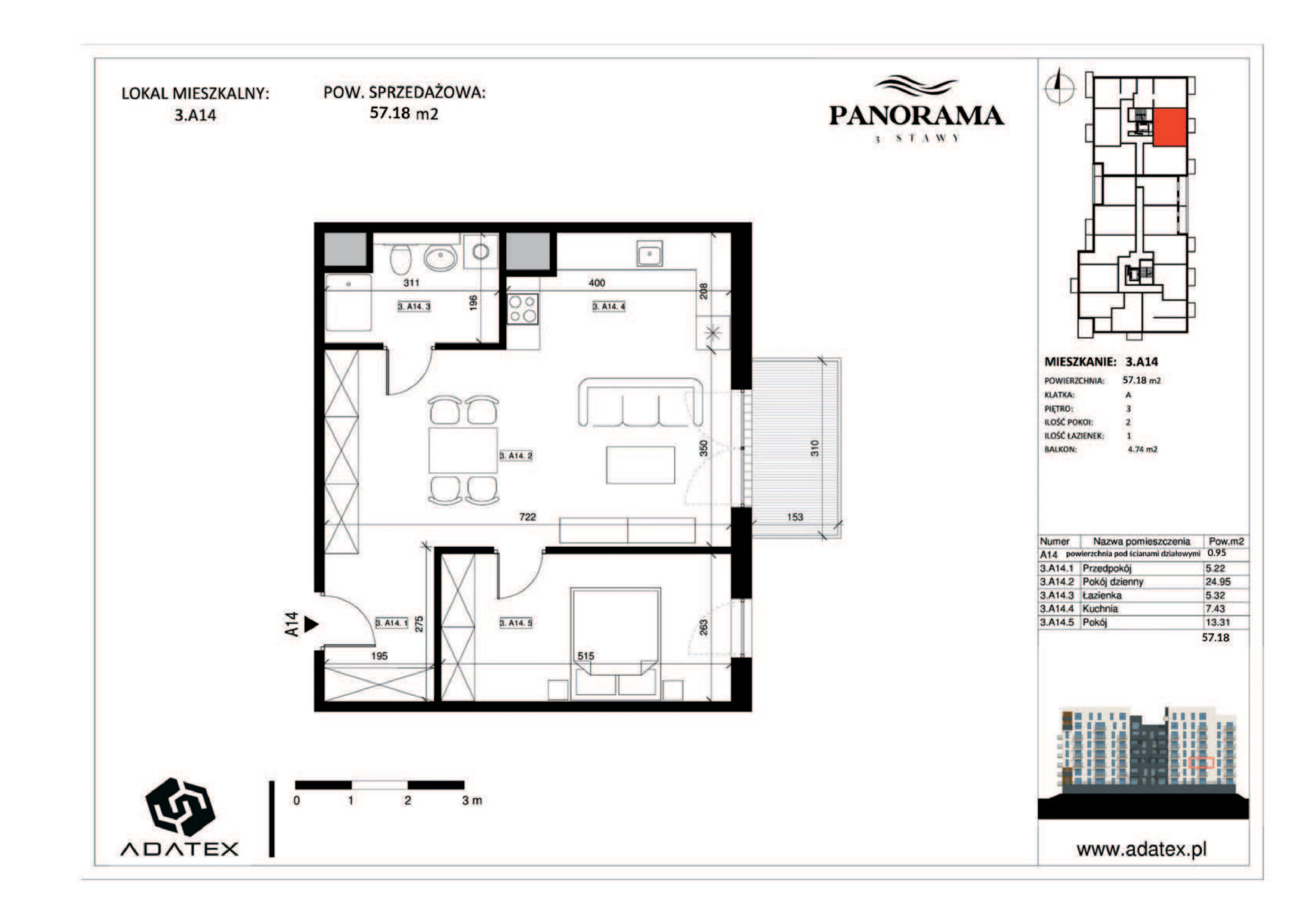 2 pokoje, mieszkanie 57,18 m², piętro 3, oferta nr 3.A14, Panorama 3 Stawy, Katowice, Osiedle Paderewskiego-Muchowiec, Dolina Trzech Stawów, ul. Pułaskiego 23