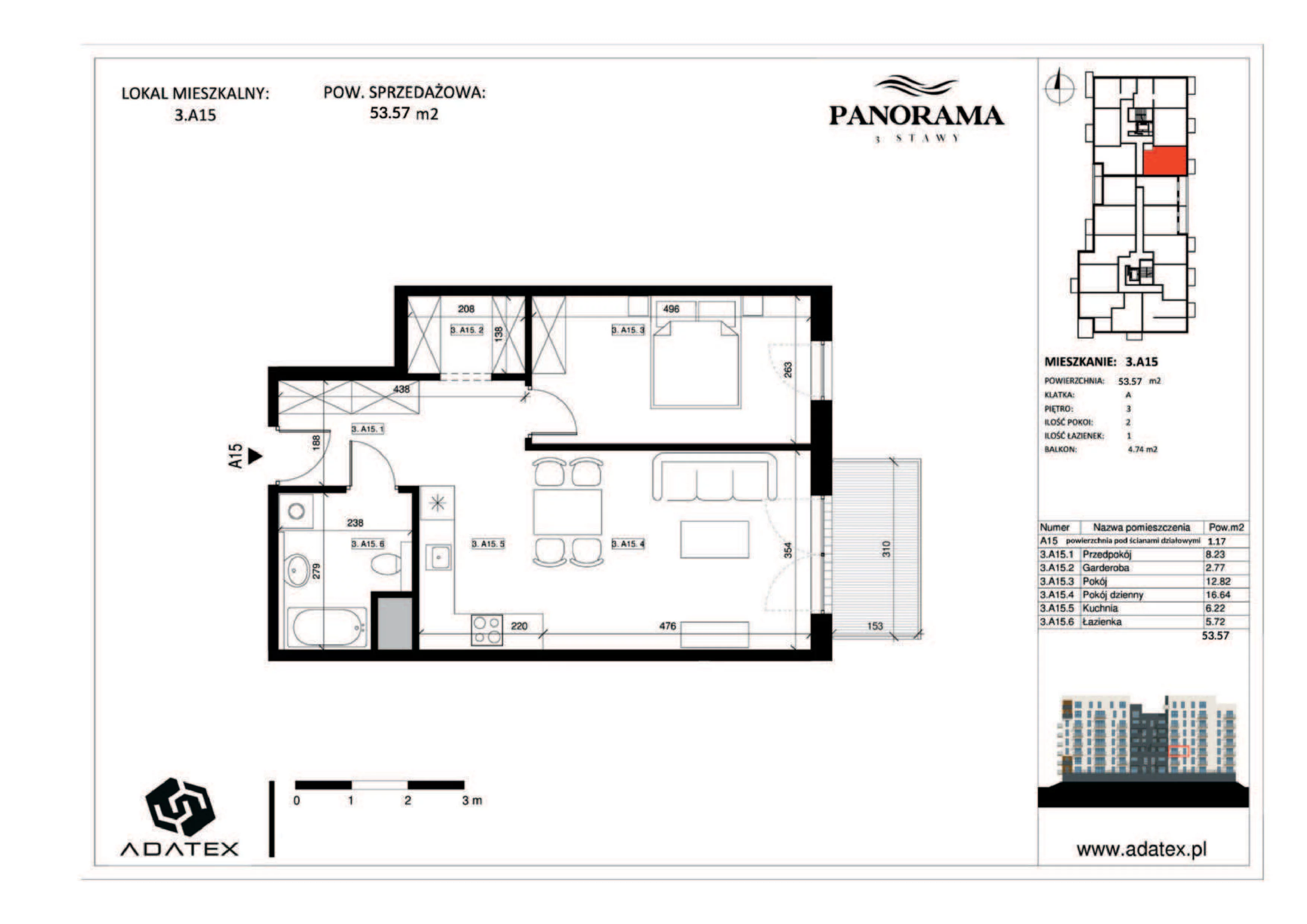 2 pokoje, mieszkanie 53,57 m², piętro 3, oferta nr 3.A15, Panorama 3 Stawy, Katowice, Osiedle Paderewskiego-Muchowiec, Dolina Trzech Stawów, ul. Pułaskiego 23