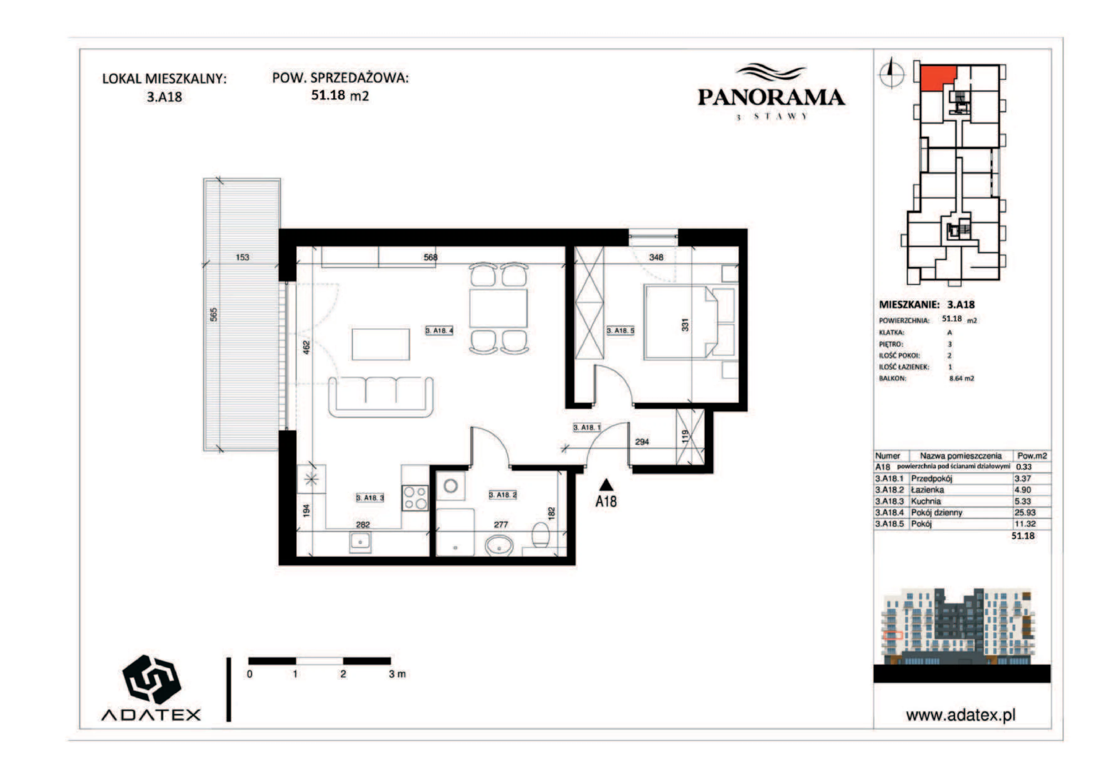 2 pokoje, mieszkanie 51,18 m², piętro 3, oferta nr 3.A18, Panorama 3 Stawy, Katowice, Osiedle Paderewskiego-Muchowiec, Dolina Trzech Stawów, ul. Pułaskiego 23