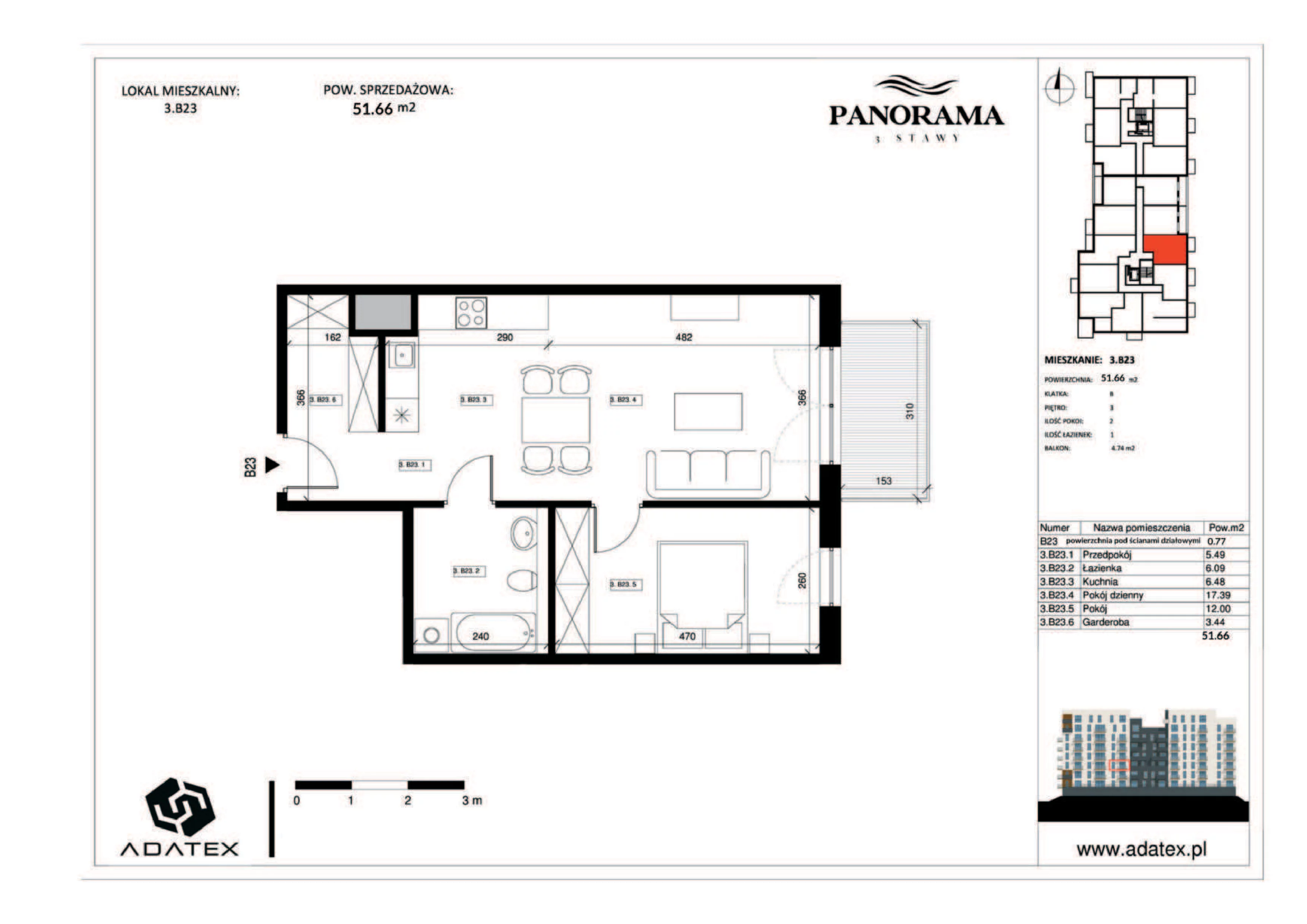 2 pokoje, mieszkanie 51,66 m², piętro 3, oferta nr 3.B23, Panorama 3 Stawy, Katowice, Osiedle Paderewskiego-Muchowiec, Dolina Trzech Stawów, ul. Pułaskiego 23