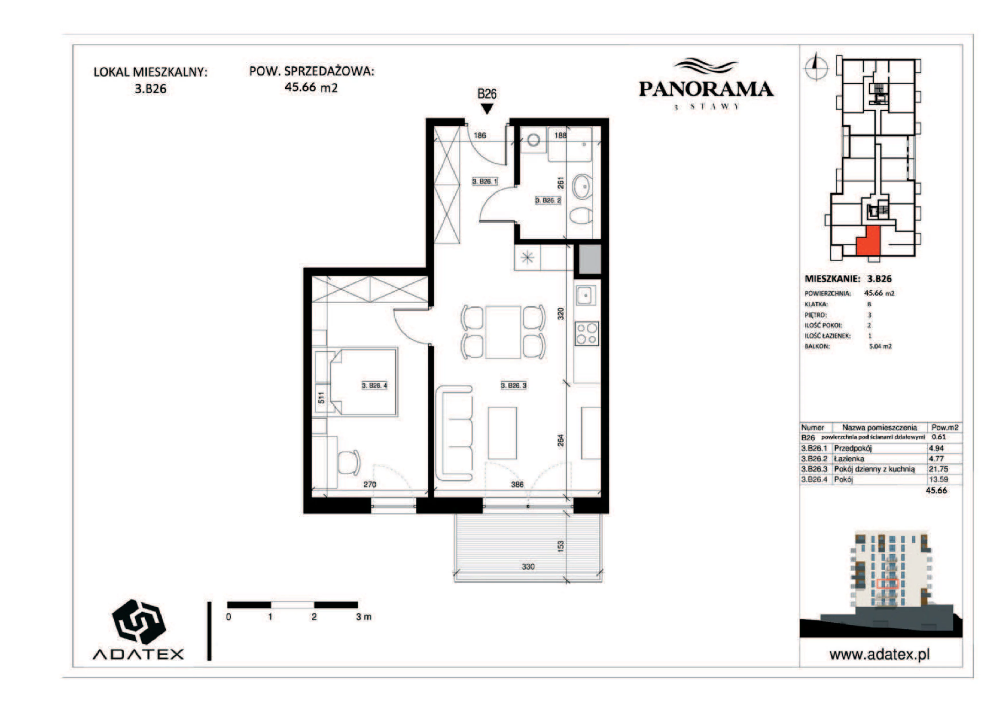 2 pokoje, mieszkanie 45,66 m², piętro 3, oferta nr 3.B26, Panorama 3 Stawy, Katowice, Osiedle Paderewskiego-Muchowiec, Dolina Trzech Stawów, ul. Pułaskiego 23