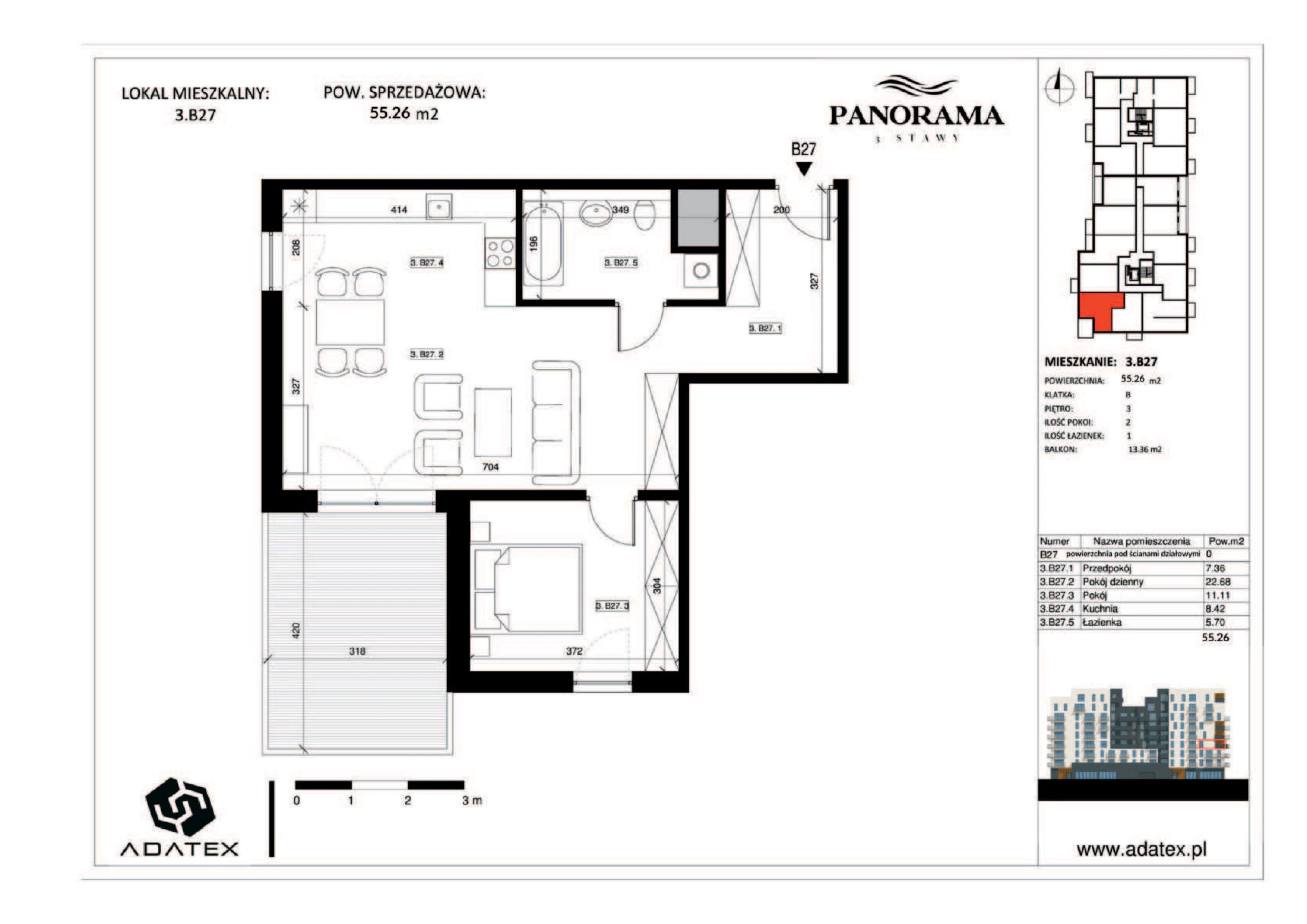 2 pokoje, mieszkanie 55,26 m², piętro 3, oferta nr 3.B27, Panorama 3 Stawy, Katowice, Osiedle Paderewskiego-Muchowiec, Dolina Trzech Stawów, ul. Pułaskiego 23