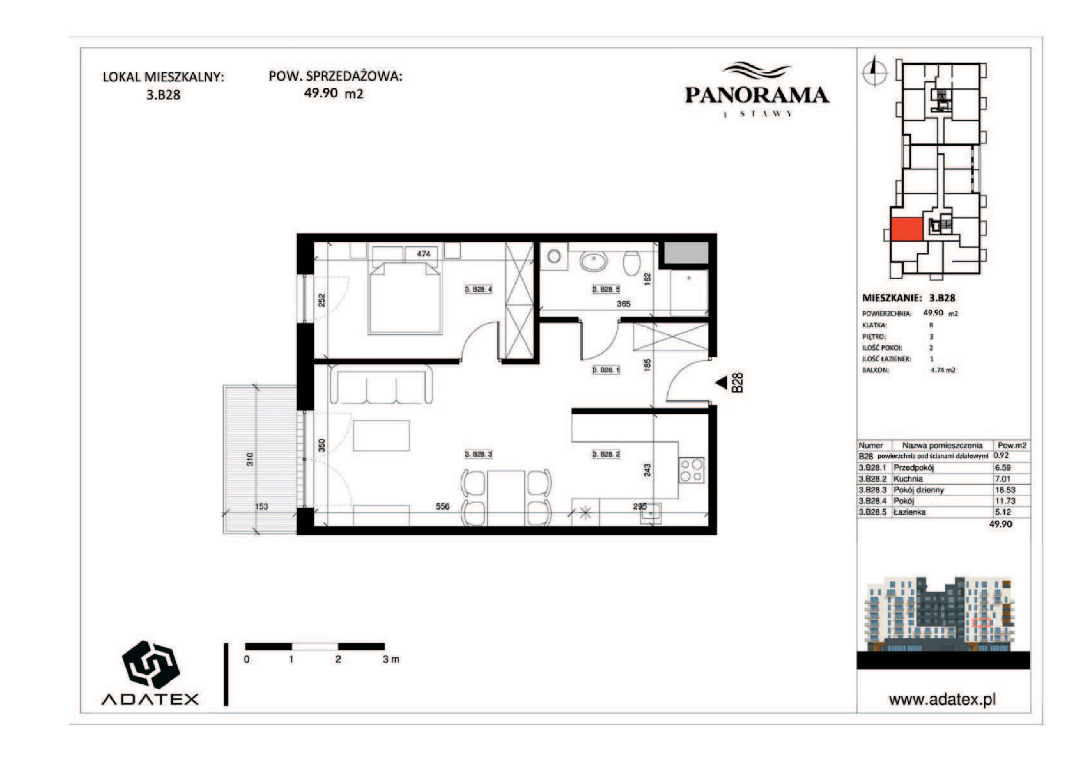 2 pokoje, mieszkanie 49,90 m², piętro 3, oferta nr 3.B28, Panorama 3 Stawy, Katowice, Osiedle Paderewskiego-Muchowiec, Dolina Trzech Stawów, ul. Pułaskiego 23