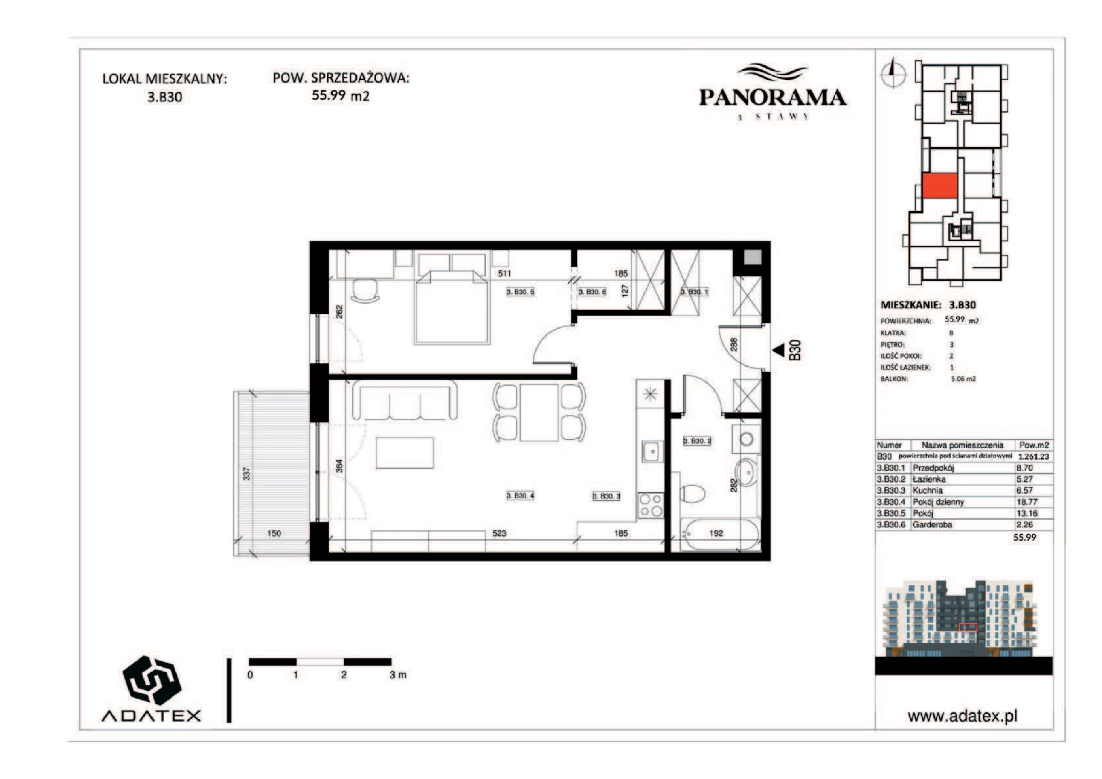 2 pokoje, mieszkanie 55,99 m², piętro 3, oferta nr 3.B30, Panorama 3 Stawy, Katowice, Osiedle Paderewskiego-Muchowiec, Dolina Trzech Stawów, ul. Pułaskiego 23